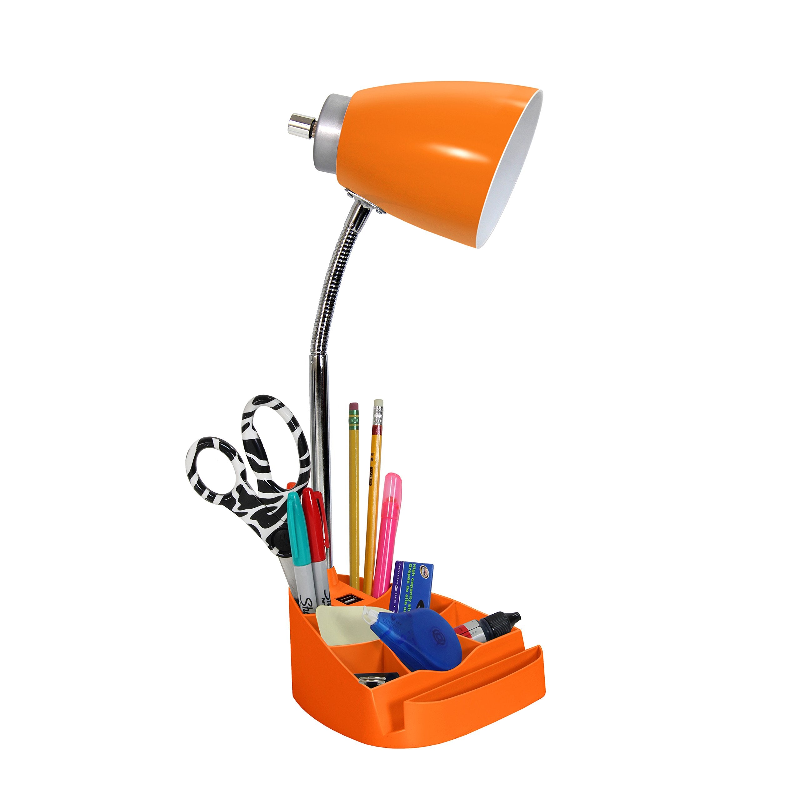 Simple Designs Ld1056-Org Gooseneck Organizer Desk Lamp With Ipad/Tablet Stand Or Book Holder And Usb Port, Orange