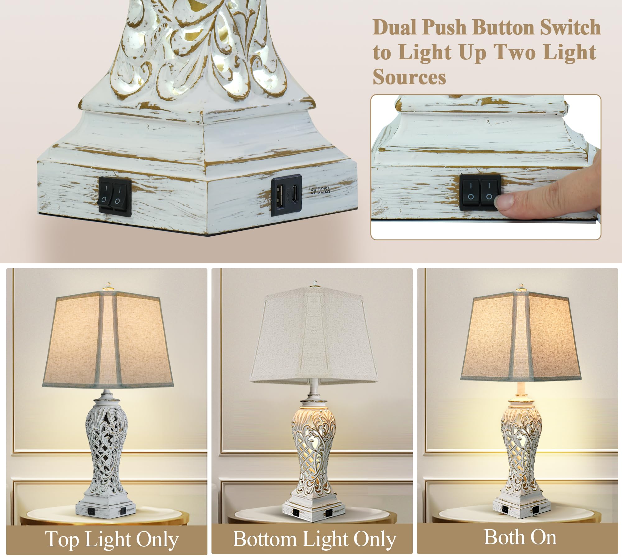 Weiters 29'' Tall Farmhouse Table Lamps Set Of 2, Boho Table Lamp For Living Room With Usb C+A, Bedside Lamp With Nightlight For