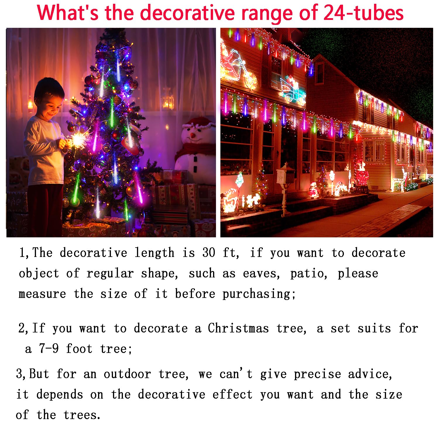 Kwaiffeo Icicle Lights Outdoor, 24 Tubes(Equivalent To Pack Of 3 8-Tube) Meteor Shower Lights For Xmas Halloween Decorations Yard Party Tree, Multi Color(Purple Blue Green White)