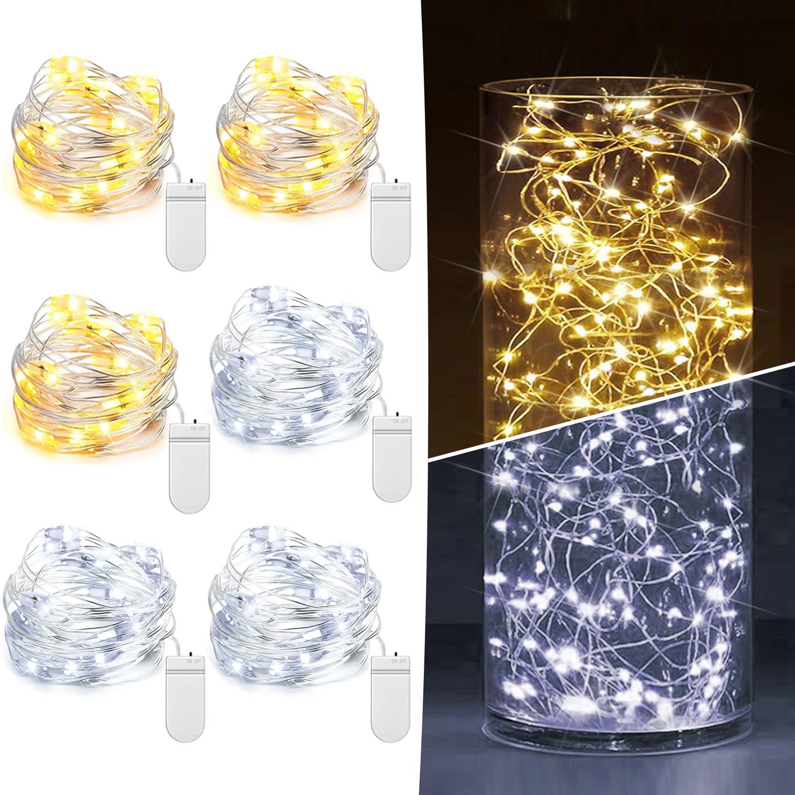 6 Pack Fairy Lights Battery Operated 7Ft 20 Led Mini String Lights Twinkle Lights Silver Wire Firefly Starry Lights For Mason Jars Wedding Party Christmas Centerpiece Decor, Warm White & Cool Whtie