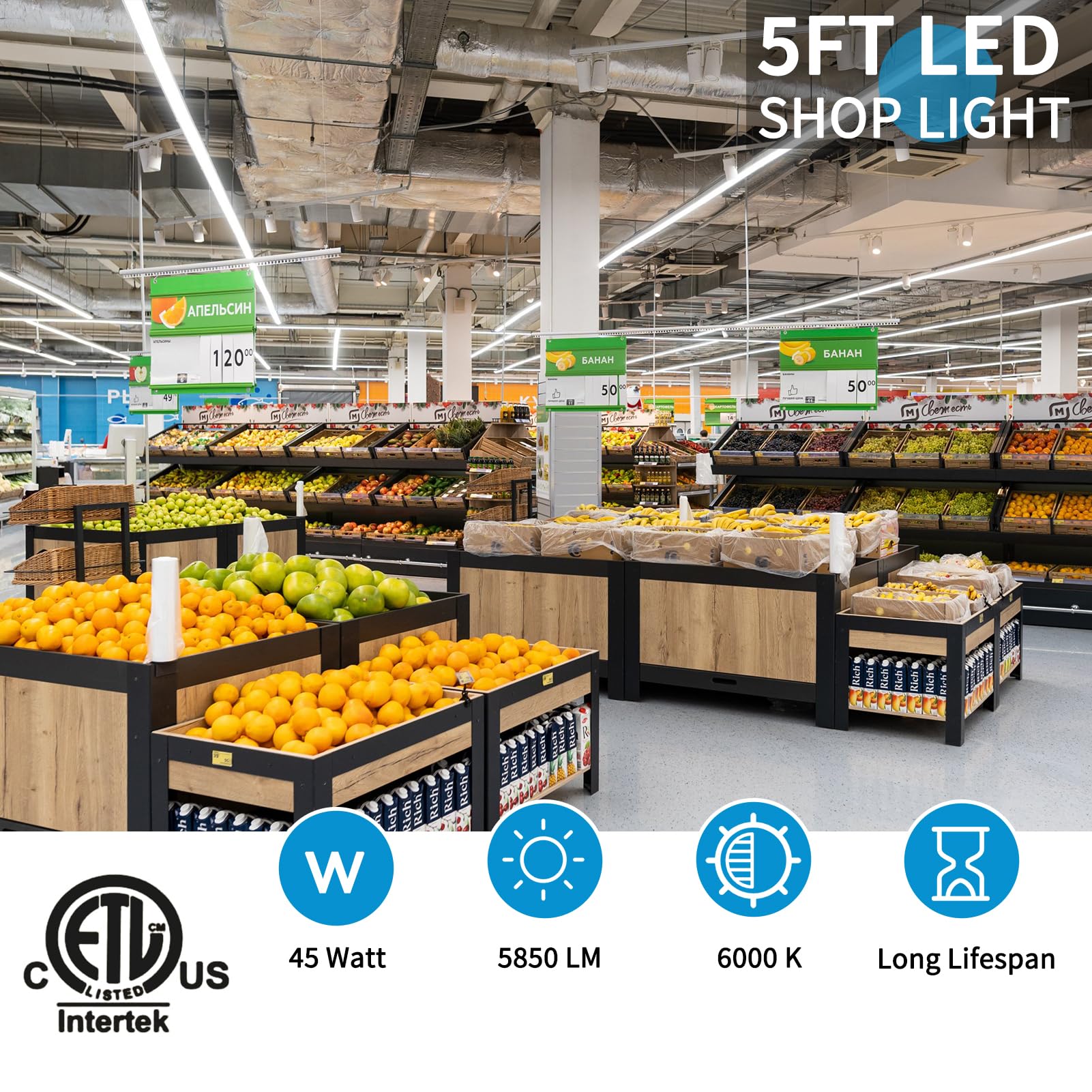 SHOPLED 5FT LED Shop Light, 45W 5850LM, V Shape, 6000K Cool White, 4 Pack T8 Ceiling Lights for Garage and Workbench