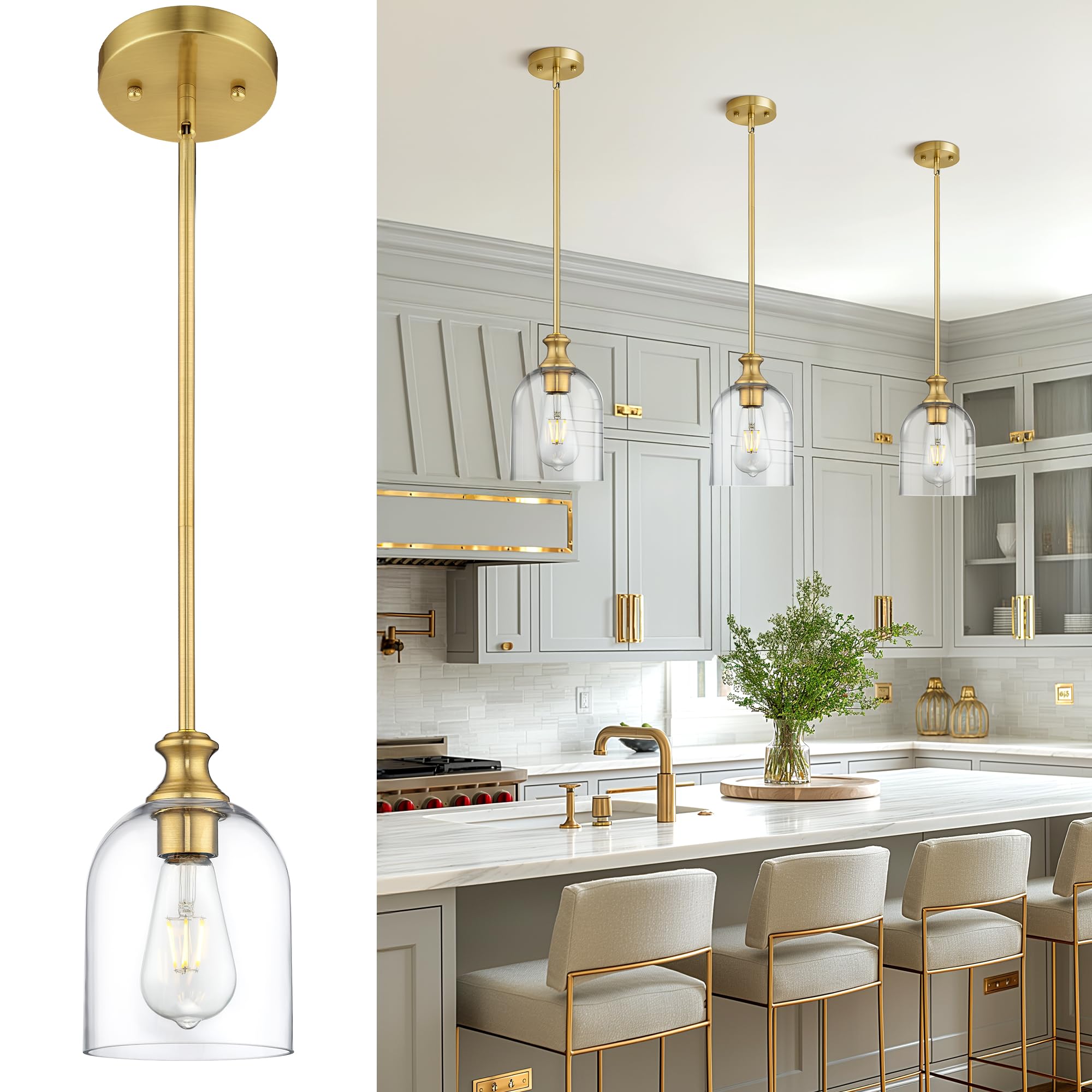 Autelo Gold Pendant Lights, 1-Light Pendant Lights Kitchen Island in Brushed Gold Finish with Clear Cylinder Glass, Vintage Pend