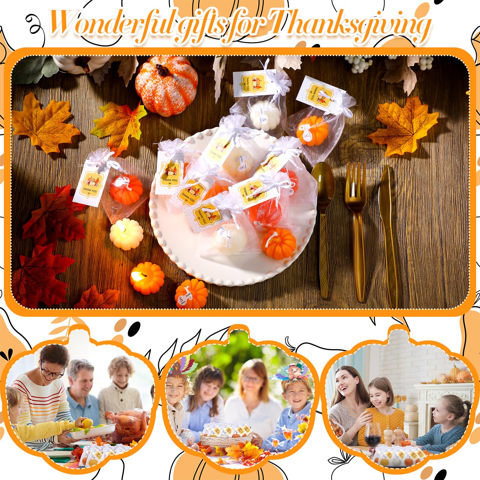 Treela Pumpkin Candles - 24 Sets Tealight for Fall Baby Shower, Thanksgiving, Classic Colors, Wax and Organza