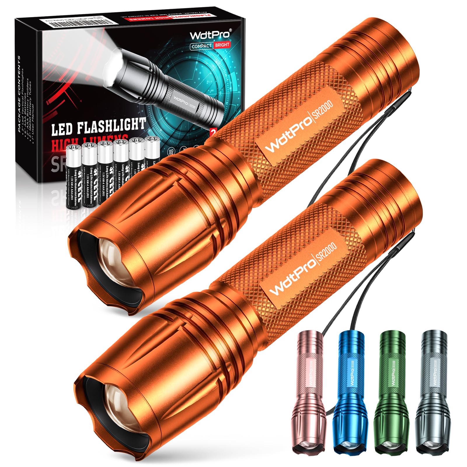 WdtPro LED Flashlight SR2000 Pro, 5 Modes & Zoomable, 2 Pack, Orange, Aluminum