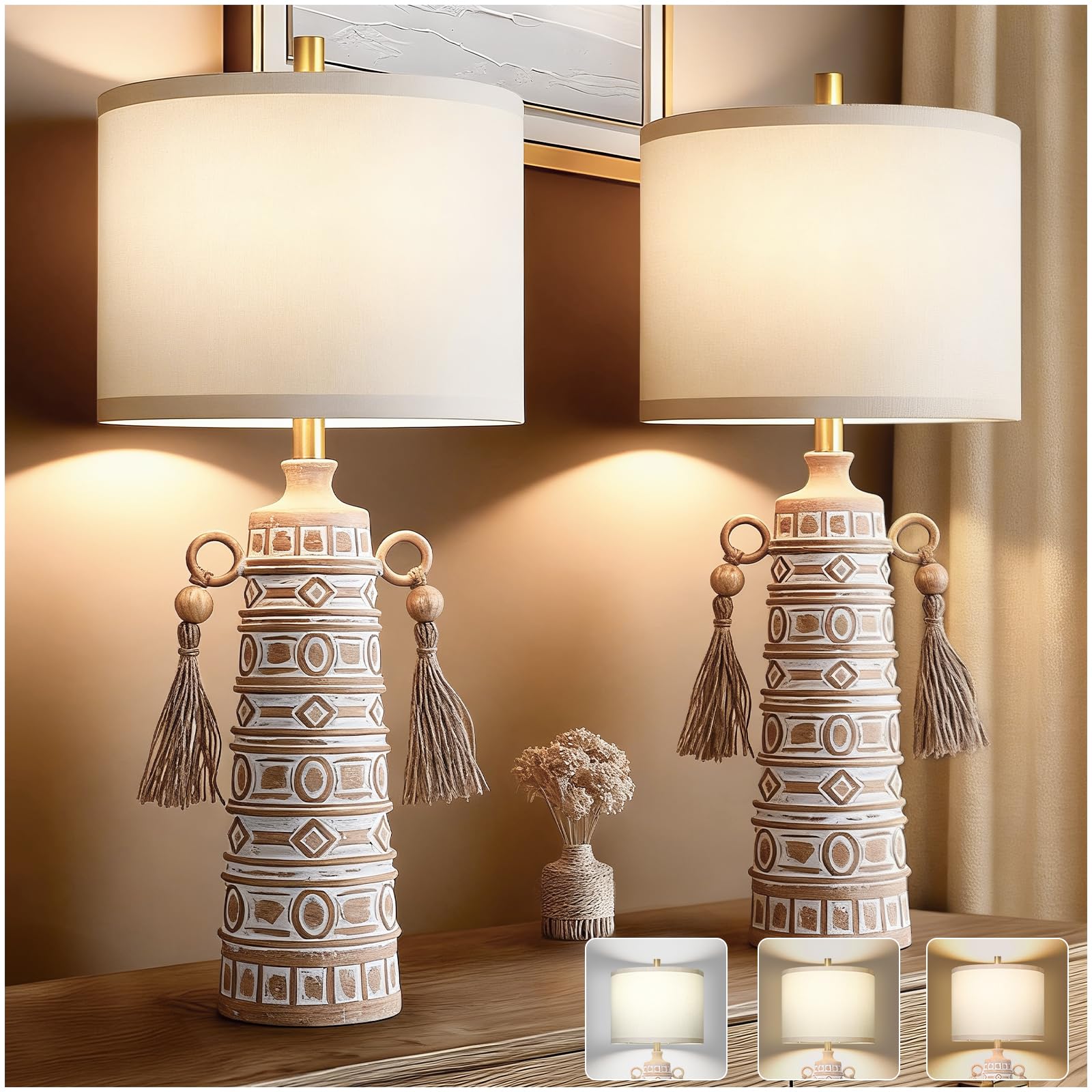 30   H Tall Boho Table Lamp Set of 2 for Bedroom Living Room, Handmade Tassels Antique Bedside Lamp, Adjustable with Memory Func