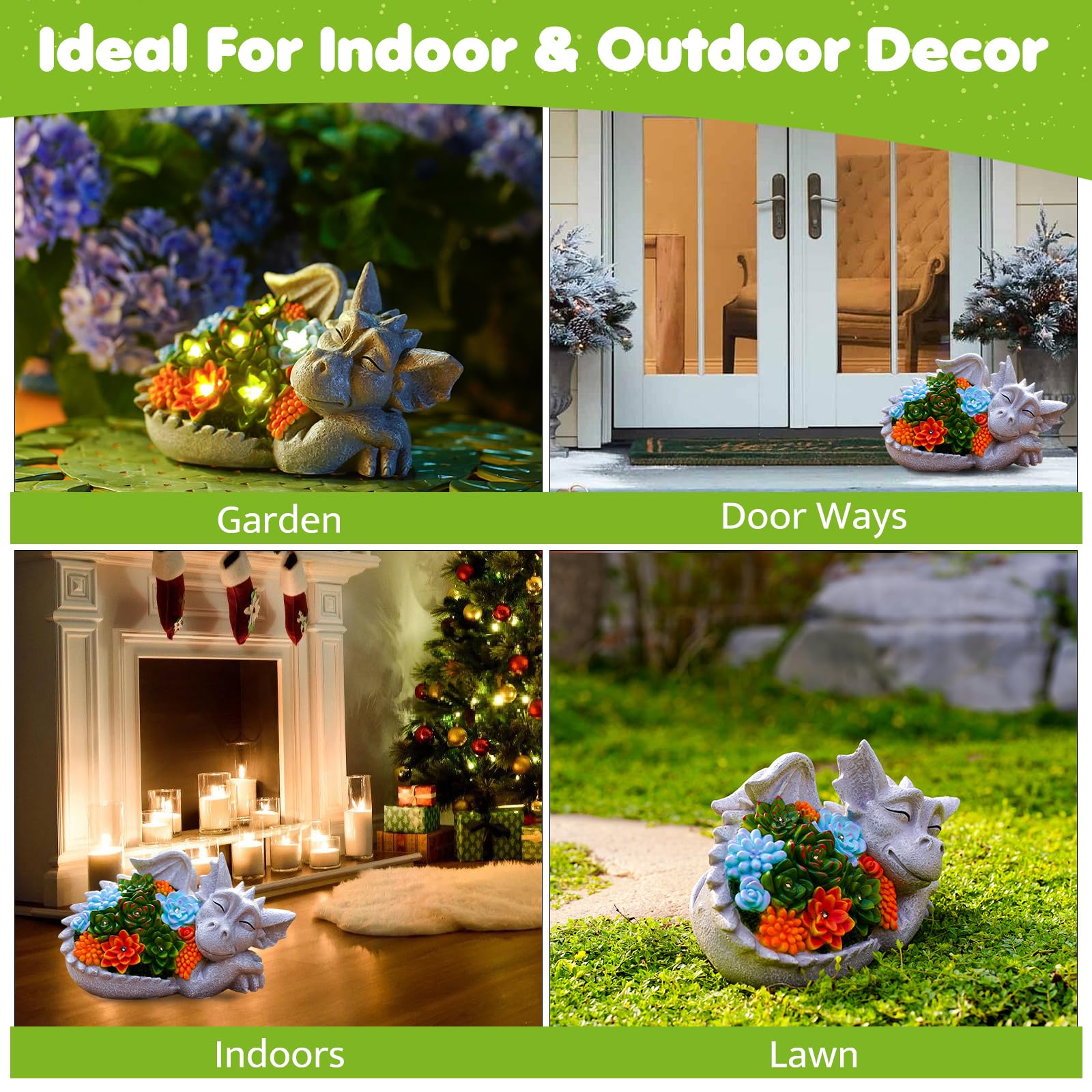 Tiejiajiang Solar Dragon Statue - Gray Resin Garden Decor With Succulent Lights, 9.1Inch