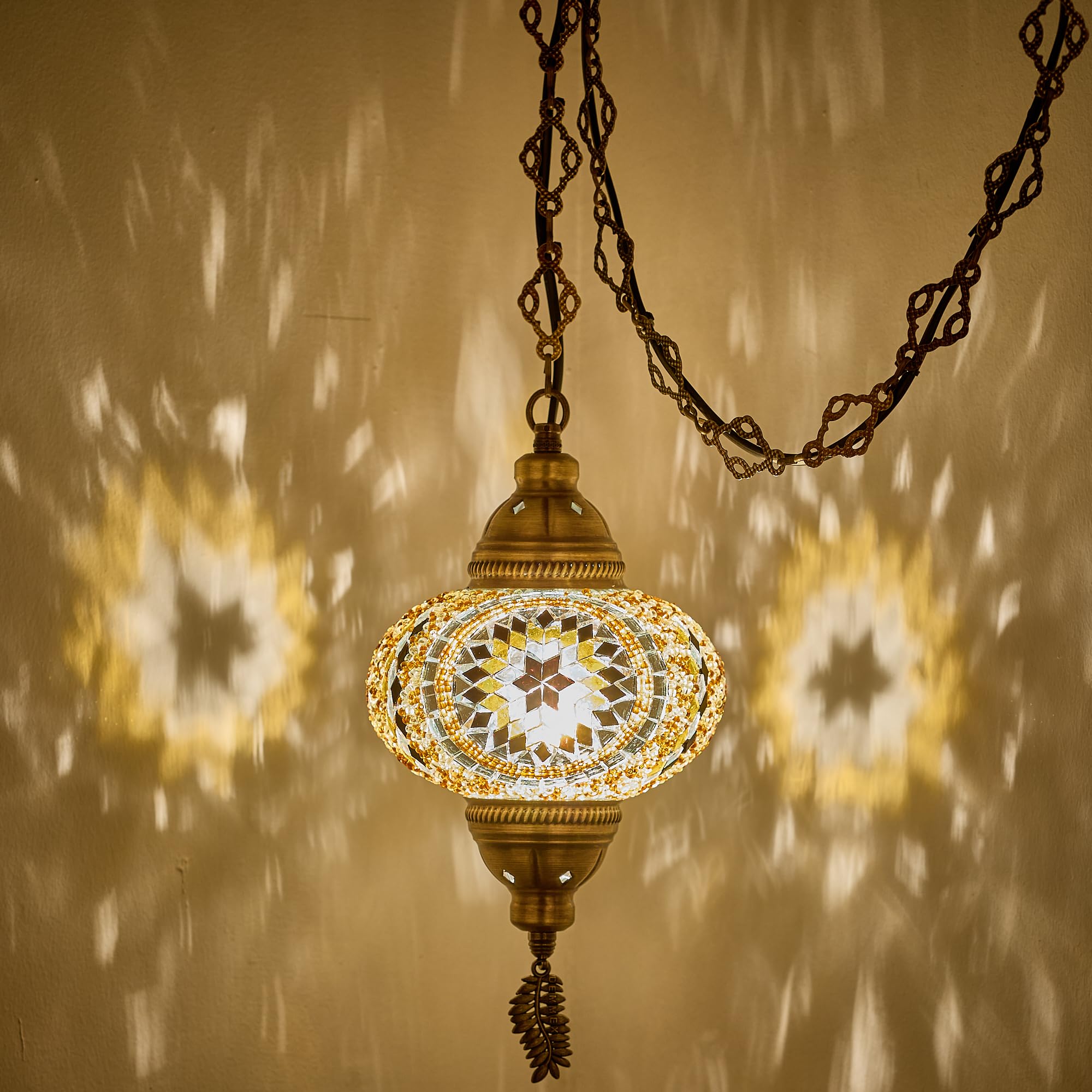 DEMMEX Plug-in Turkish Moroccan Mosaic Hanging Pendant Ceiling Light - Swag Lamp Fixture with 15ft Cord & Chain, Handcrafted Gla