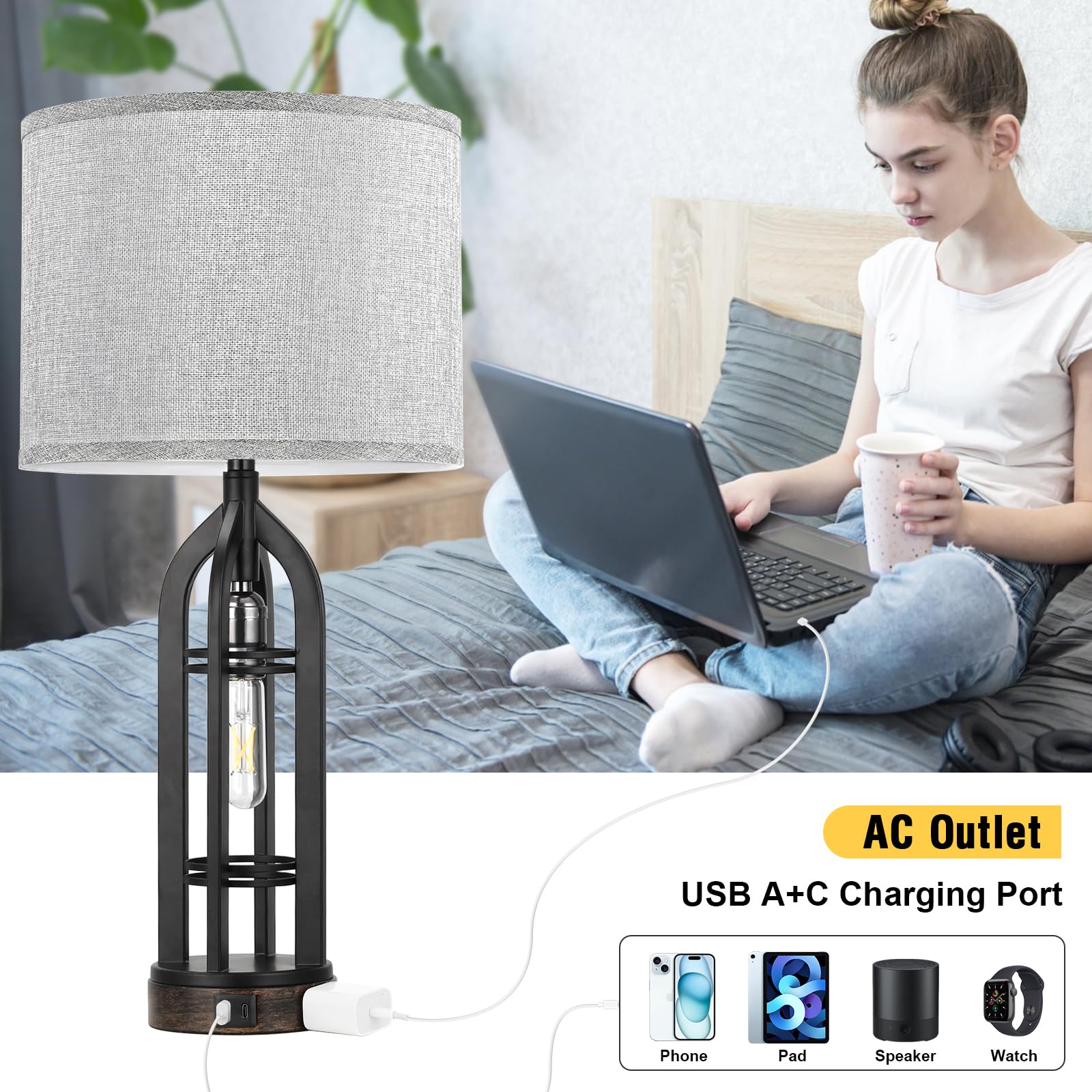Seealle Table Lamp Set of 2 - 3-Way Dimmable Touch Lamps with USB C+A, C. Grey Shade & Black Body, Model 09163 for Living Room & Bedroom