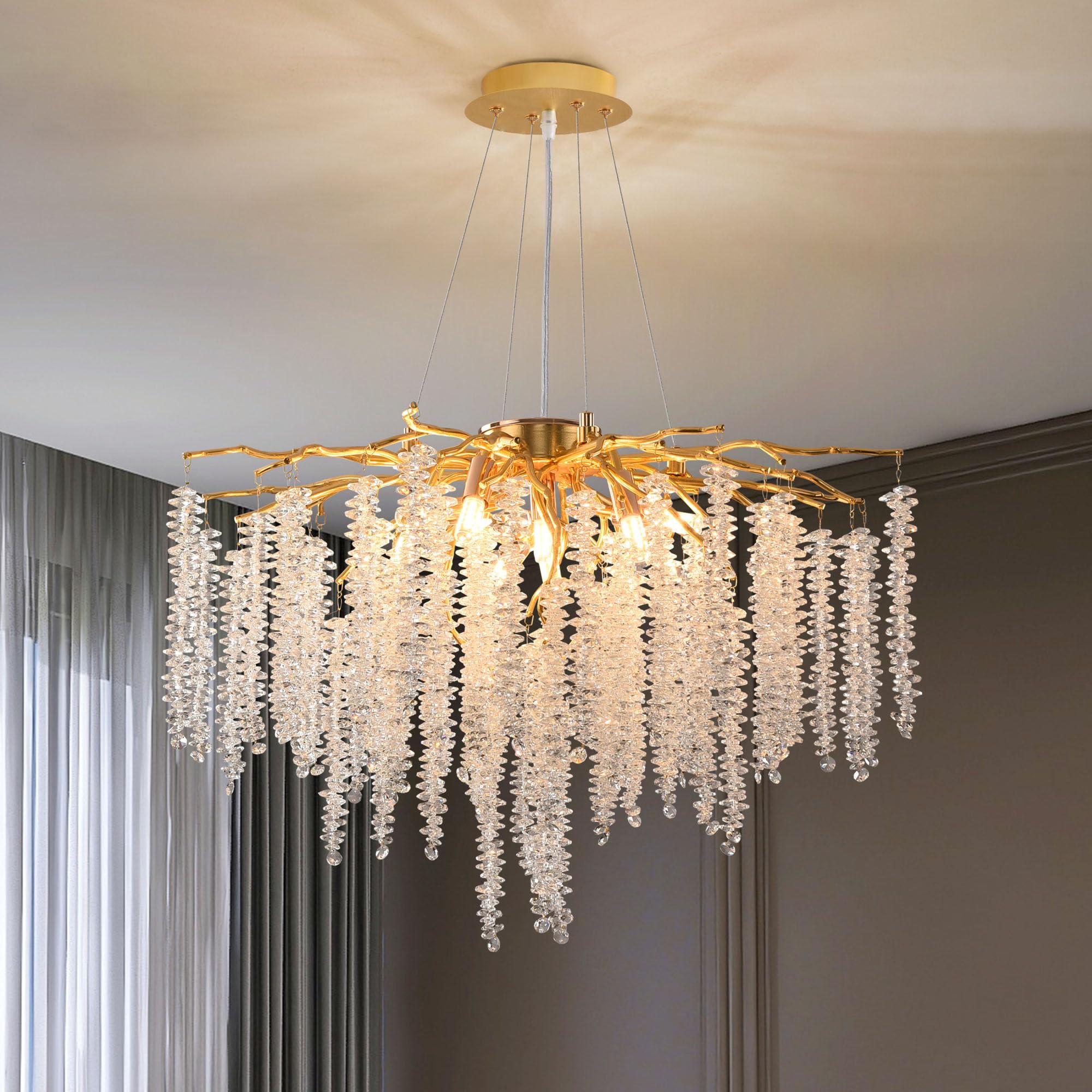 Upfelw Modern Crystal Tree Branch Chandelier, D23.7'' Gold Round Raindrop Indoor Hanging Pendant Light Fixture for Dining Room L
