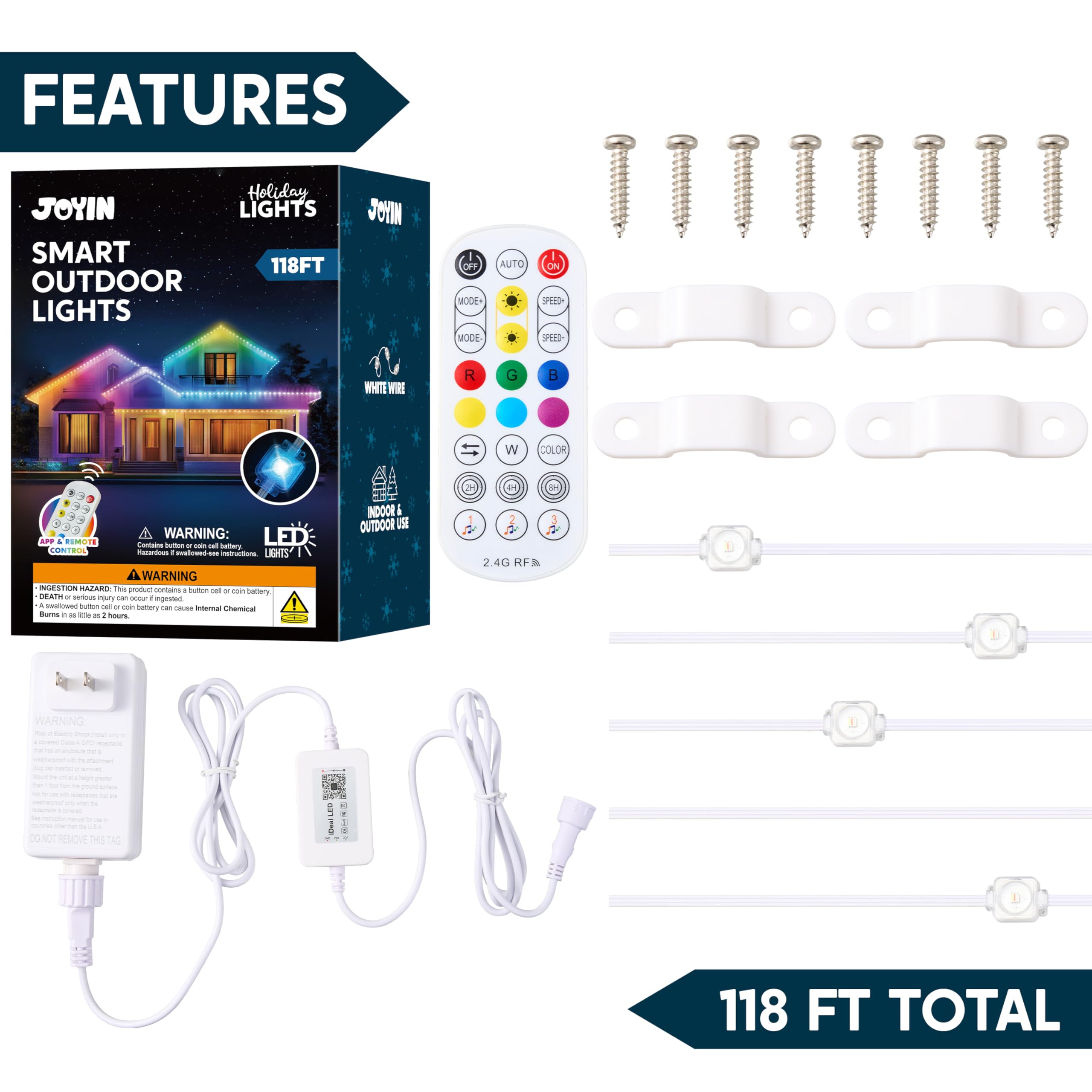 JOYIN Christmas Lights Outdoor, 118ft Multicolor LED Strip, Waterproof, App & Remote Control, Model GVLDIC24V72-T-IR-J95