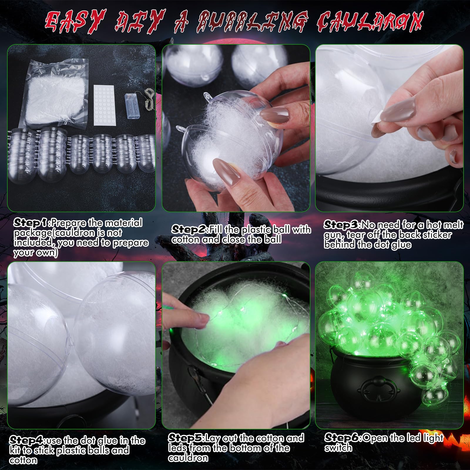 Wenqik Halloween Bubble Cauldron DIY Set, 33 Pcs with 30 Clear Plastic Balls, Green, Model SIX-Wenqik-39