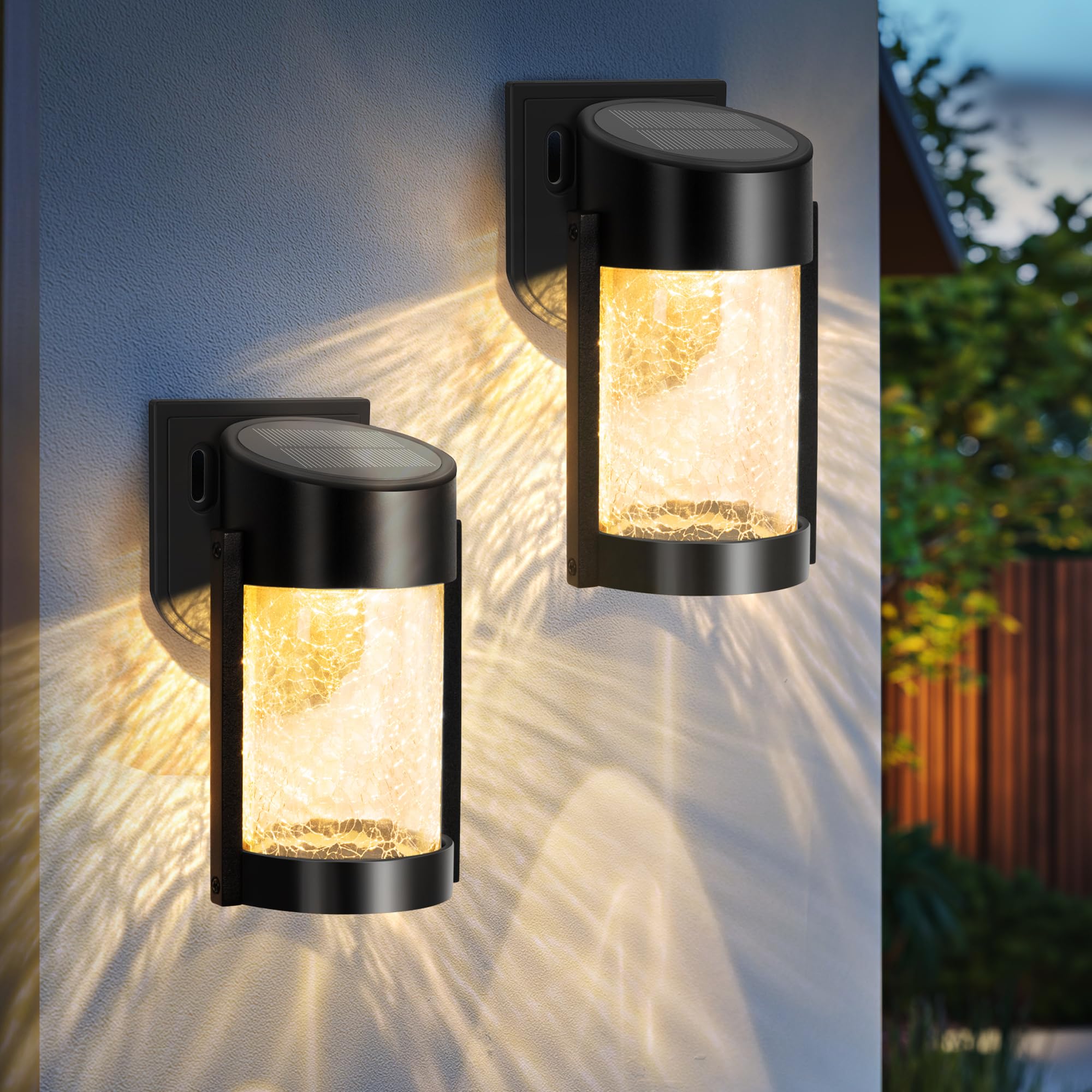 PEVOROS 2 Pack Solar Wall Lights Outdoor, IP65 Waterproof Wall Light for Porch, Fence, Shed, Barn, Patio, Glass Crackle Lampshad