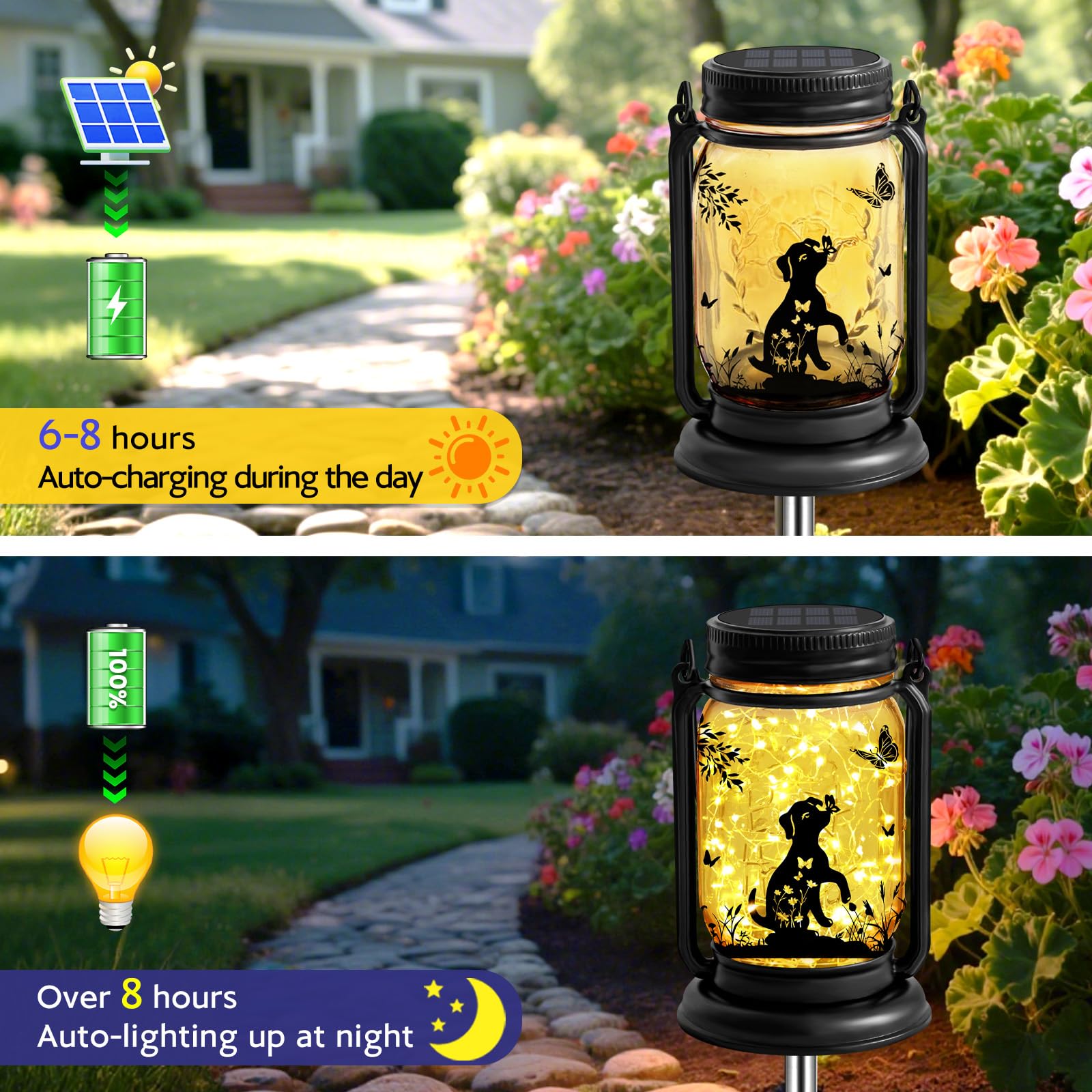 ANGMLN Dog Solar Lantern - 3-in-1 Waterproof Mason Jar Hanging Lights for Garden Decor, Model FG-61, Glass, Dog Color