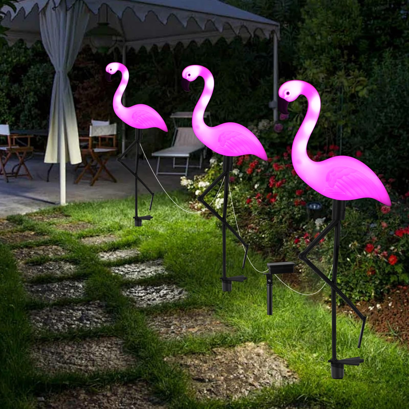 Flamingo Solar Lights,Outdoor Pink Flamingo Stake Light,Solar Powered Garden Lights,Yard Art Decor,Outdoor Garden Decorations,Outside Stick Lights,Outdoor Lights Waterproof (3Pcs)