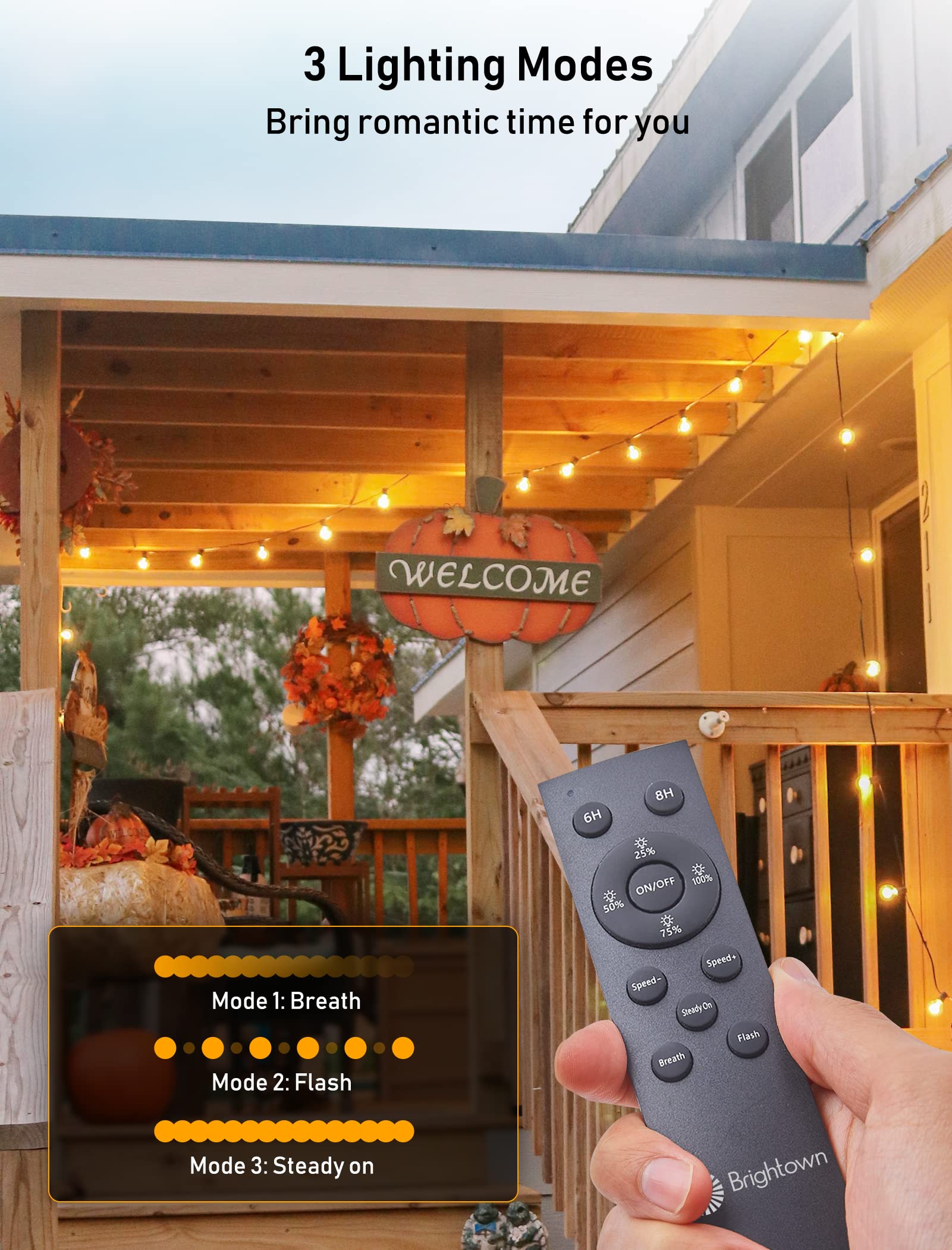 Brightown 58FT Solar String Lights with Remote, 26 Shatterproof LED Bulbs, Black Wire, Perfect for Outdoor Parties and Decor
