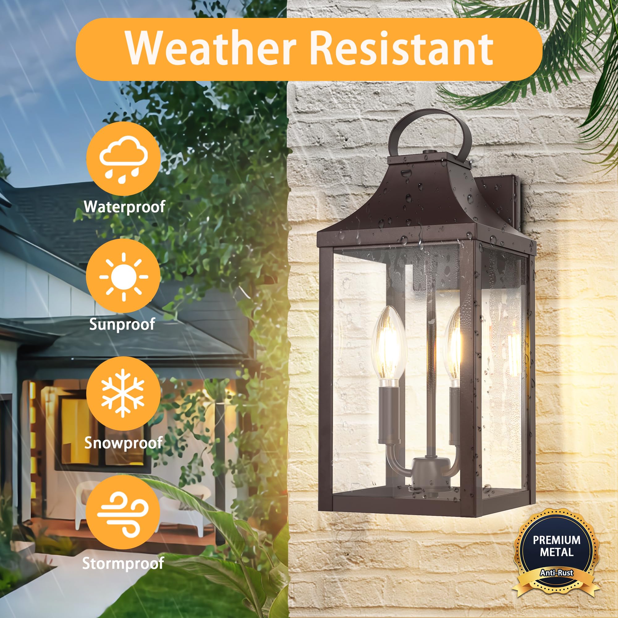 MYHXQ 15" Dusk to Dawn Black Outdoor Wall Lantern, 2-Light Industrial Sconce, Waterproof Metal Fixture, Model WL303A-BW