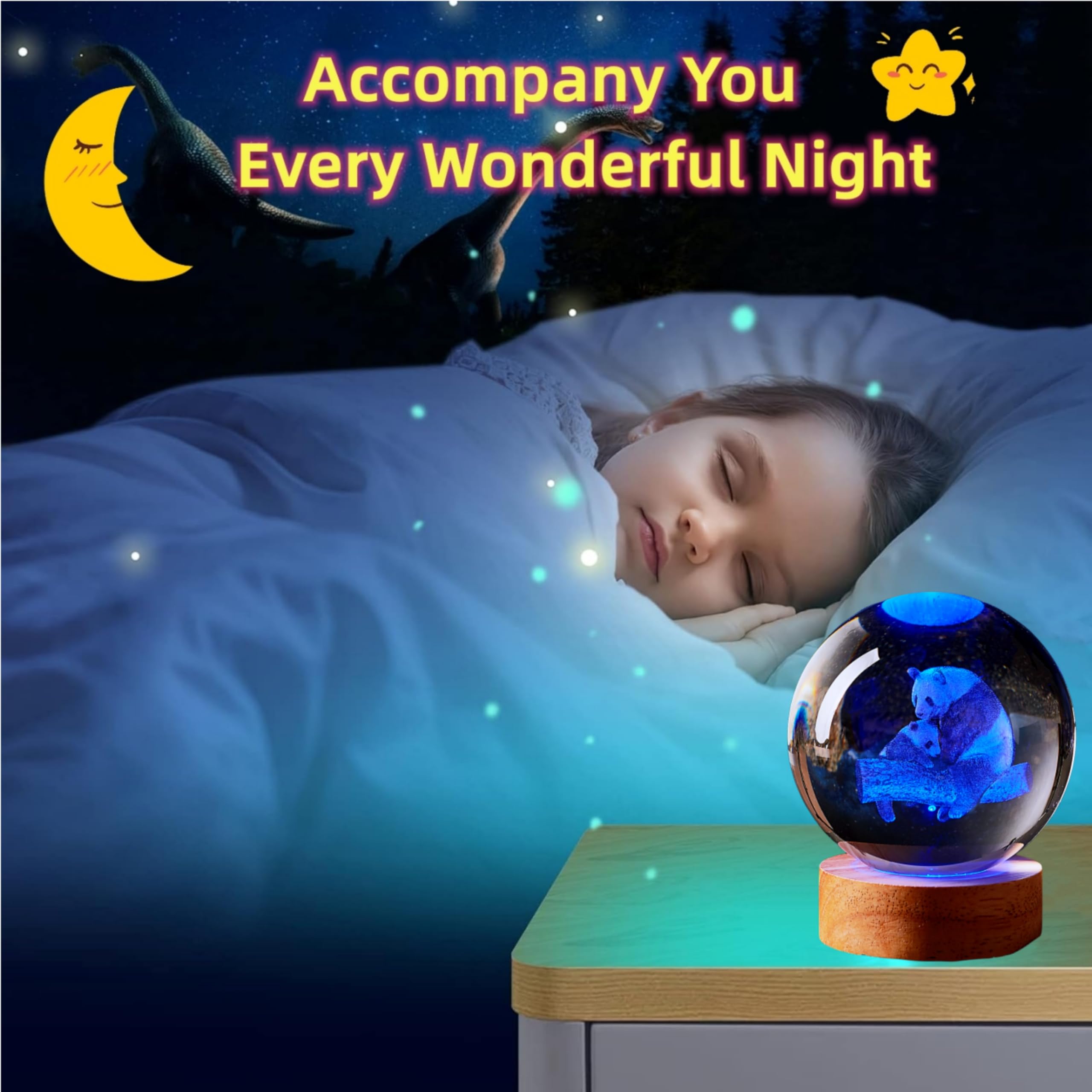 3D Panda Crystal Ball Lamp,3.15 Inch K9 Crystal Ball Night Light,Panda Family Light With Wooden Base,Glass Ball Table Lamp,16 Co