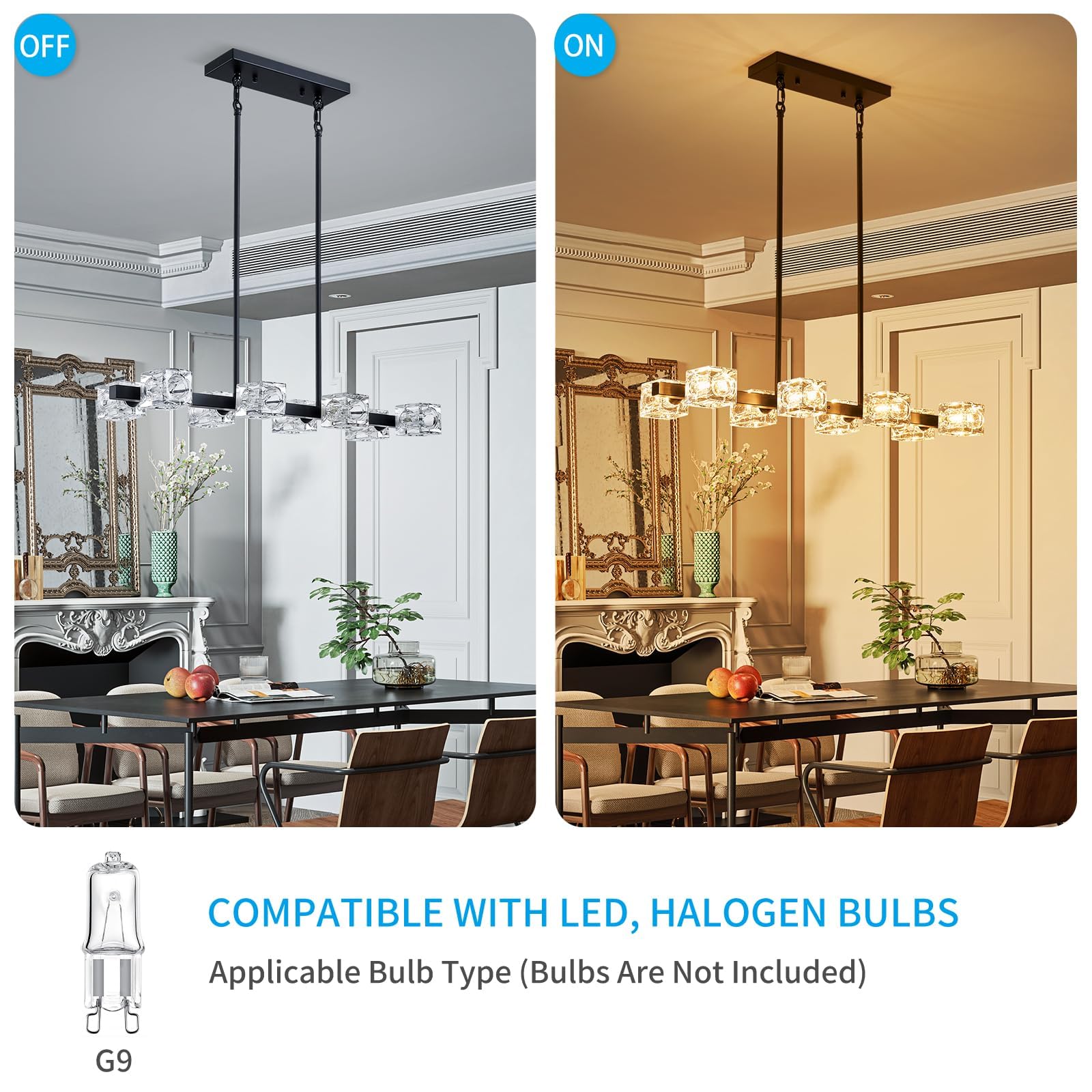 XINGQI 8-Light Black Chandelier - Modern Metal Fixture with Glass Lampshade, Model XY150-BK for Dining Room & Kitchen Island