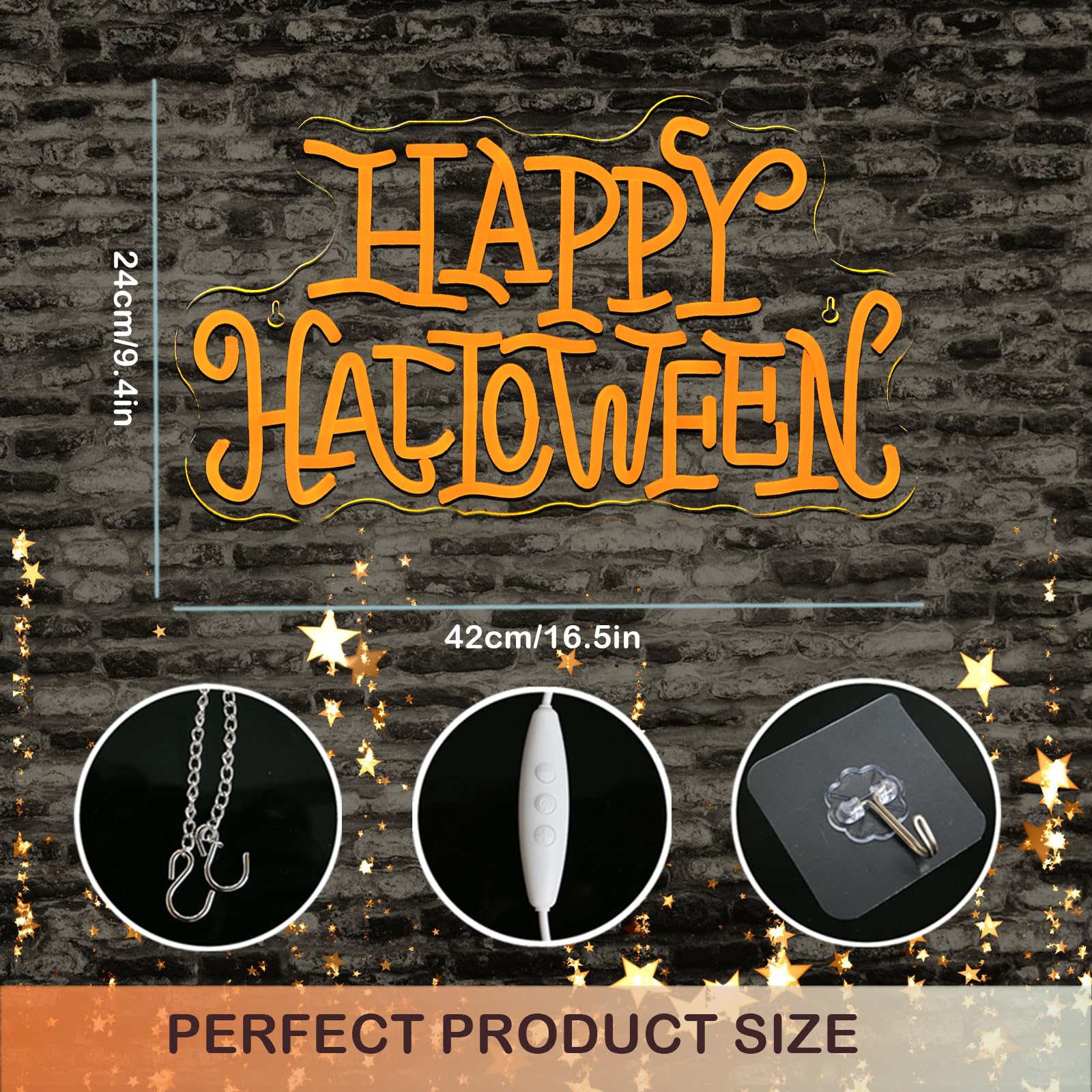 Wanxing Happy Halloween Neon Light Sign Golden Yellow Letter Led Nights For All Hallows Day Party Wall Decor Art Decorations As A Gift For Children Friends Family 16.5 * 19.4