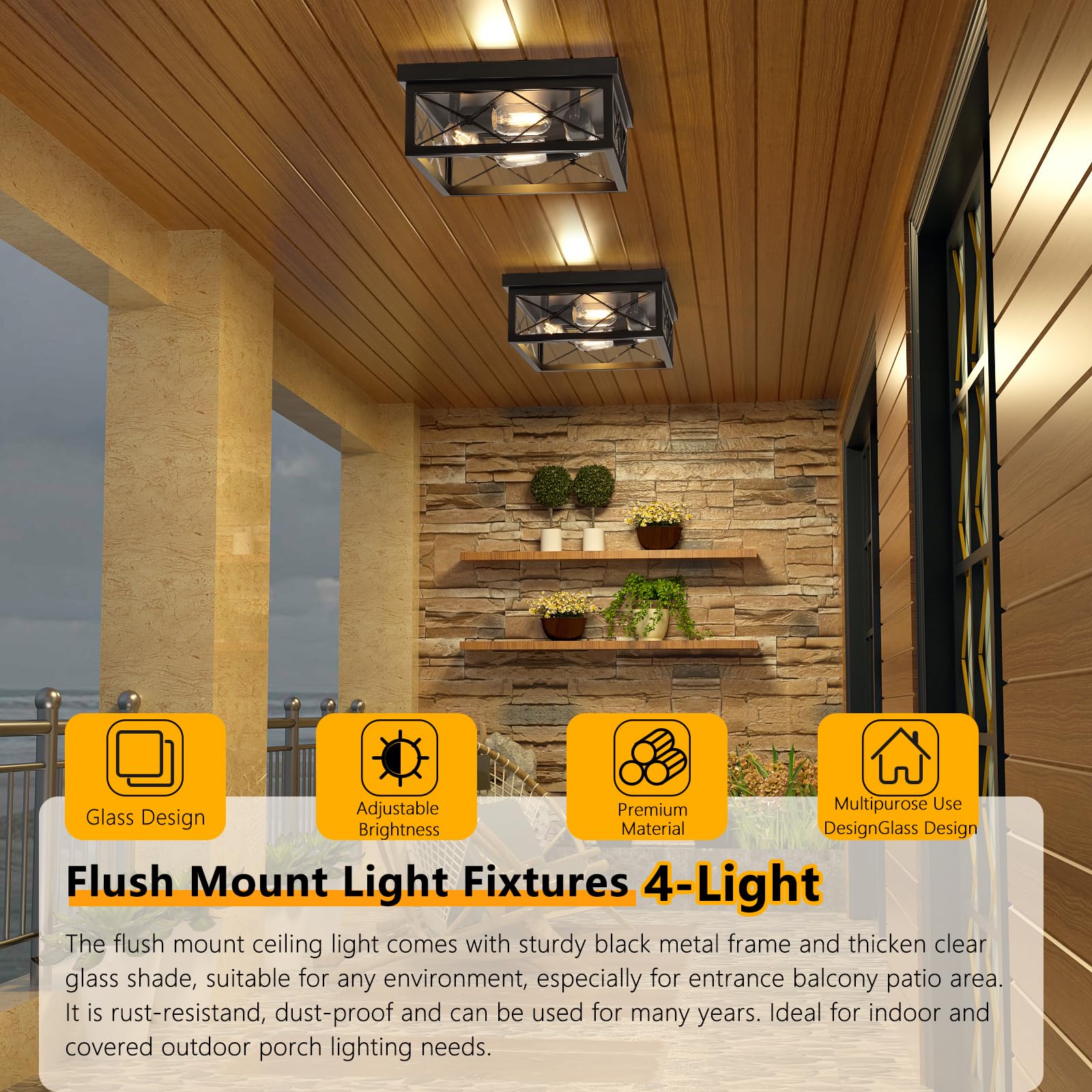 Asnxcju 12'' Square Flush Mount Ceiling Light With Clear Glass Shade, 4-Light Farmhouse Outdoor Porch Ceiling Light Fixtures, Bl