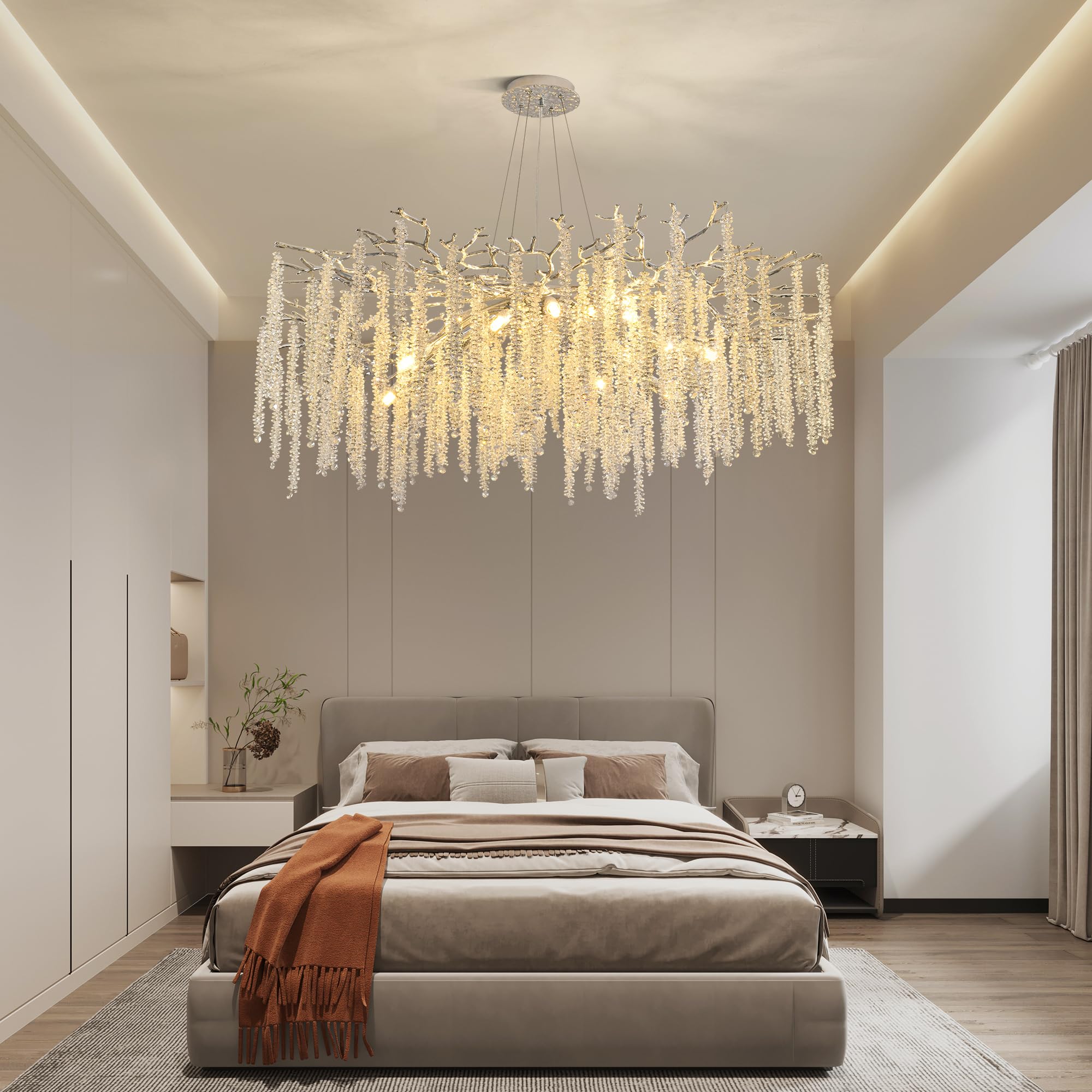 Upfelw Modern Crystal Tree Branch Chandeliers Chrome D39.4'', Round Art Deco Raindrop Lighting Fixture For Dining Room Living Ro