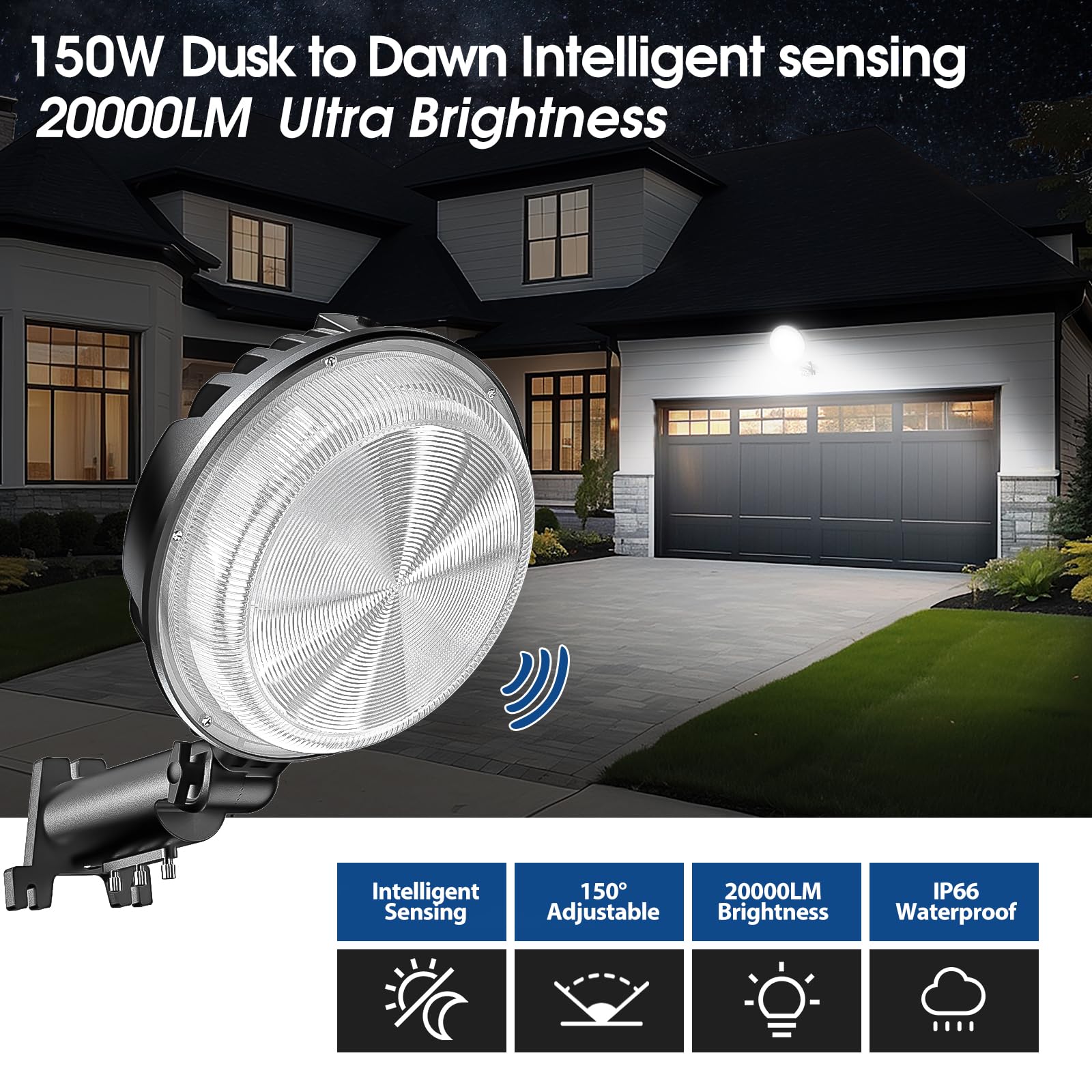 2 Pack 150W Led Barn Light, Dusk To Dawn Outdoor Lighting, 20000Lm Yard Light With 150° Adjustable Angle Photocell, 6500K Street Light Ip66 Waterproof For Garage, Patios, Barns, Farmhouse, Shop