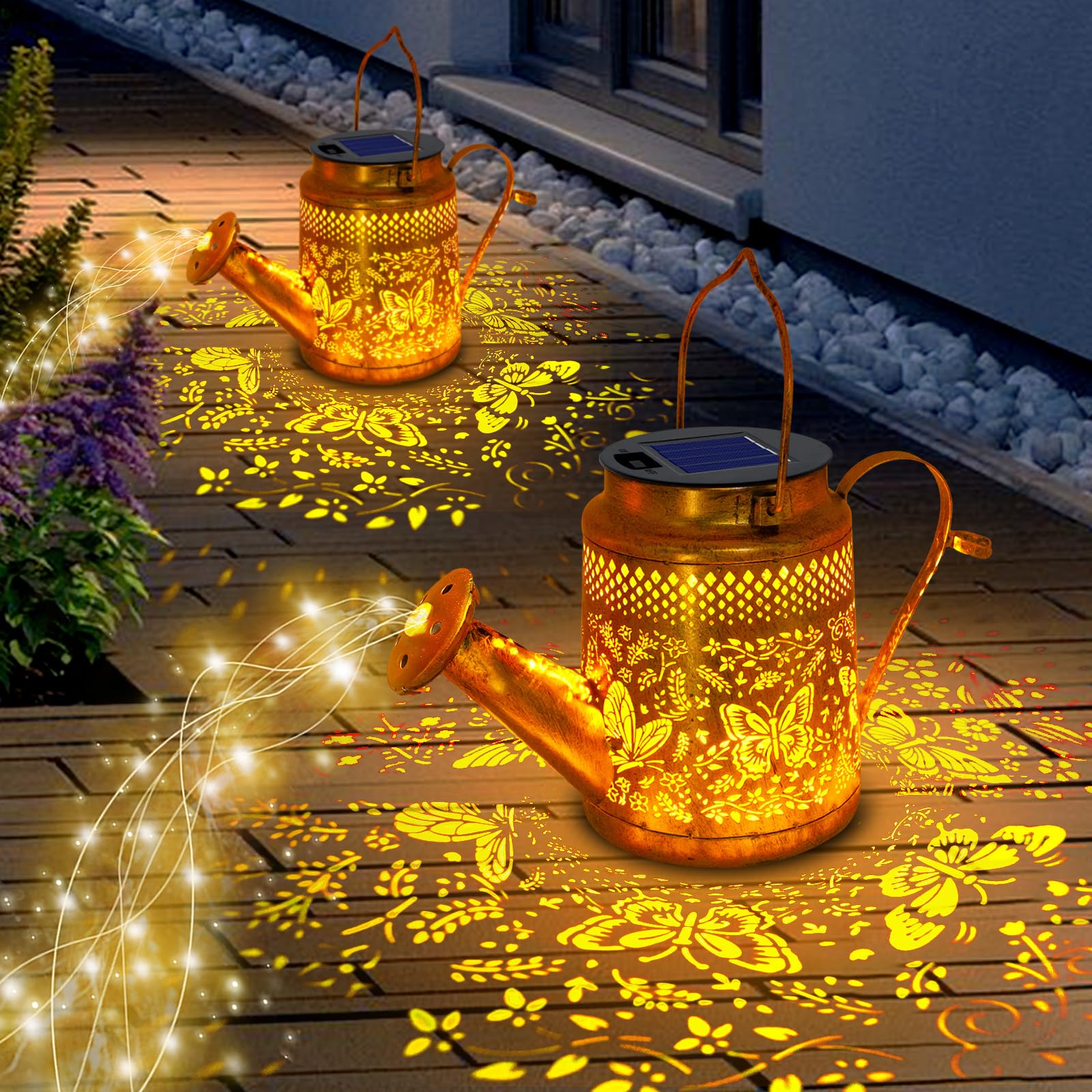 2 Pack Solar Powered Butterfly Watering Can Lights Waterproof Outdoor Decor With Shepherd Hook Hanging Patio Lights For Yard  Garden  Backyard Perfect Gardening Birthday Gift For Women  Mom  Grandma