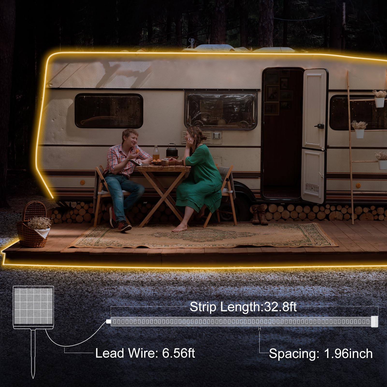 echosari 32.8Ft Solar Strip Lights, IP68 Waterproof LED, Timer Remote, Warm White, Self-Adhesive for Outdoor Camping Pool Decor