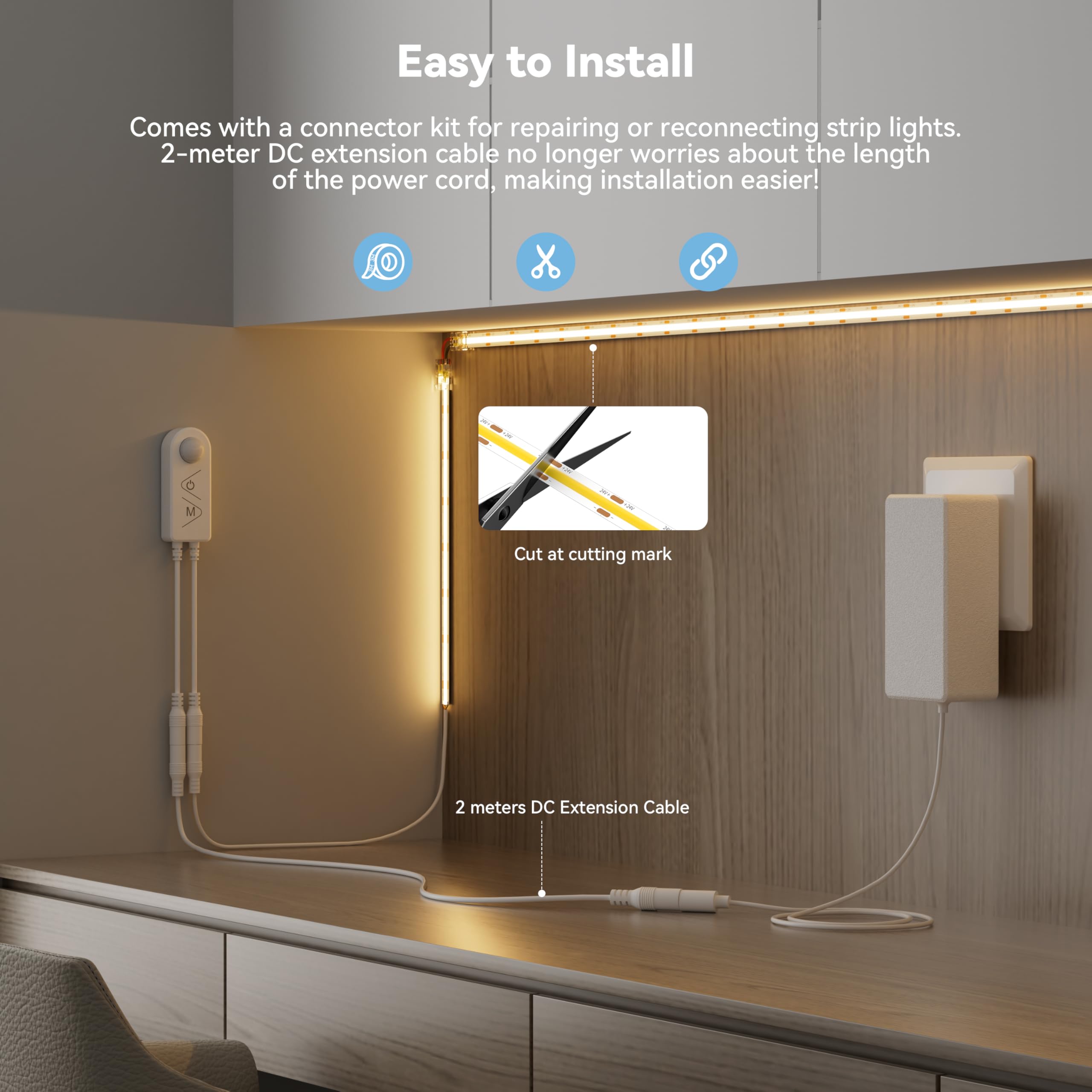 PAUTIX COB LED Strip Lights 2700K Warm White, 20ft Dimmable Motion Sensor, Under Cabinet, Kitchen, Stairs, Bedroom