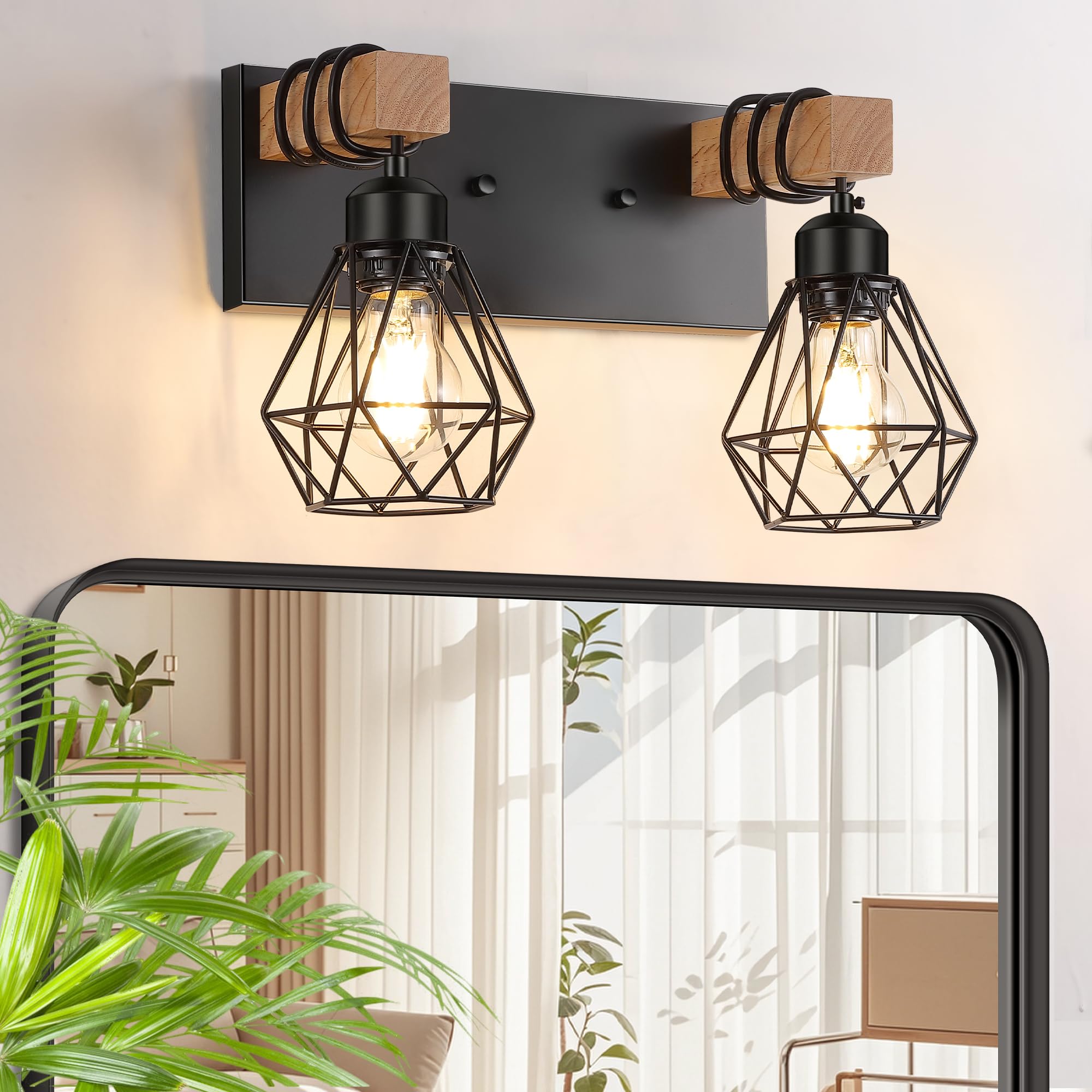 Fadimikoo 2-Light Rustic Style Wood Bathroom Wall Sconce  Farmhouse Vanity Lighting Fixture Fopr Bathroom  Industrial Wood Wall Light Over Mirror With Metal Shade  Bulbs Not Included