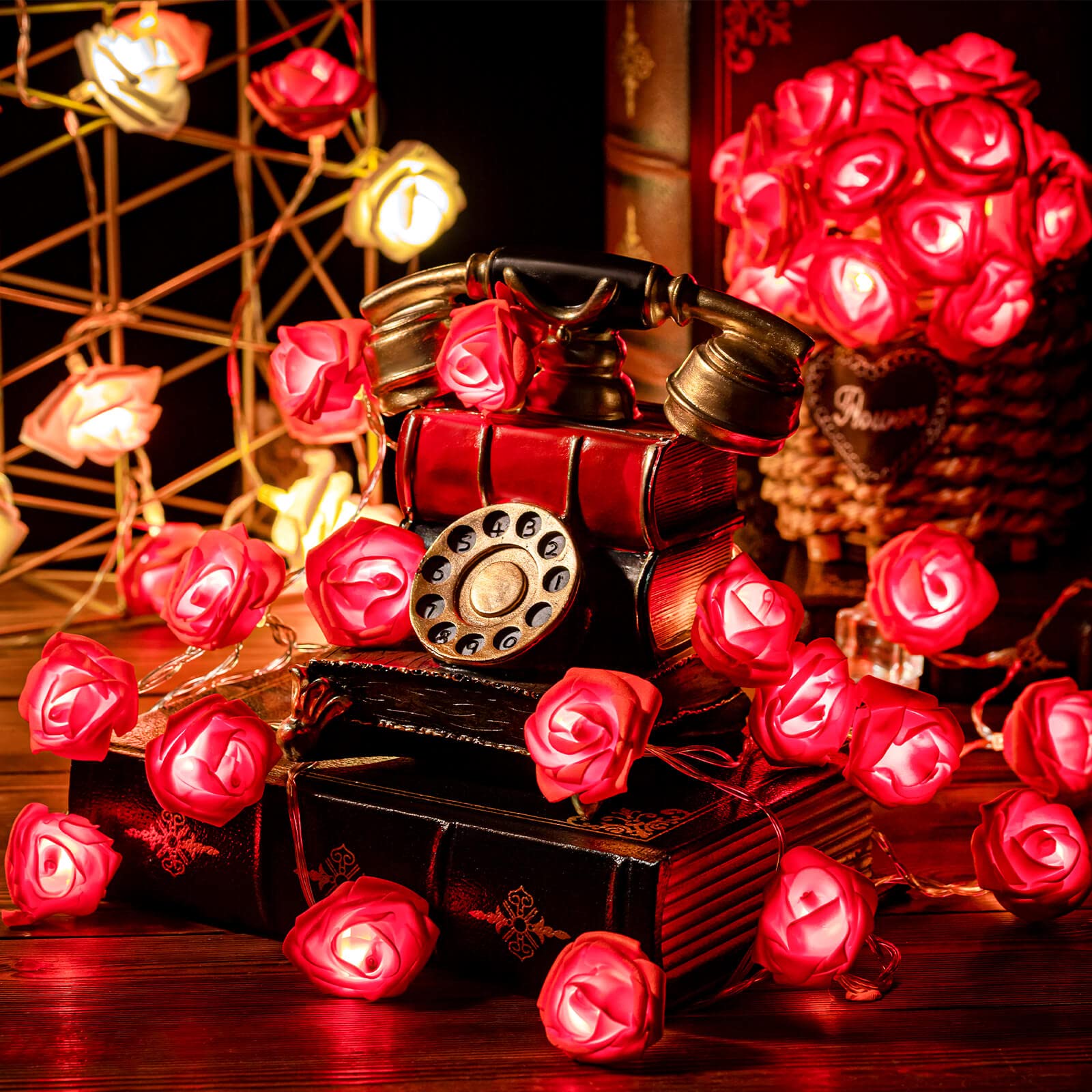 Rose Flower String Lights, 20 LED Battery Operated Romantic Red Pink White Rose Lights, 10Ft Artificial Flowers Garland Led Ligh