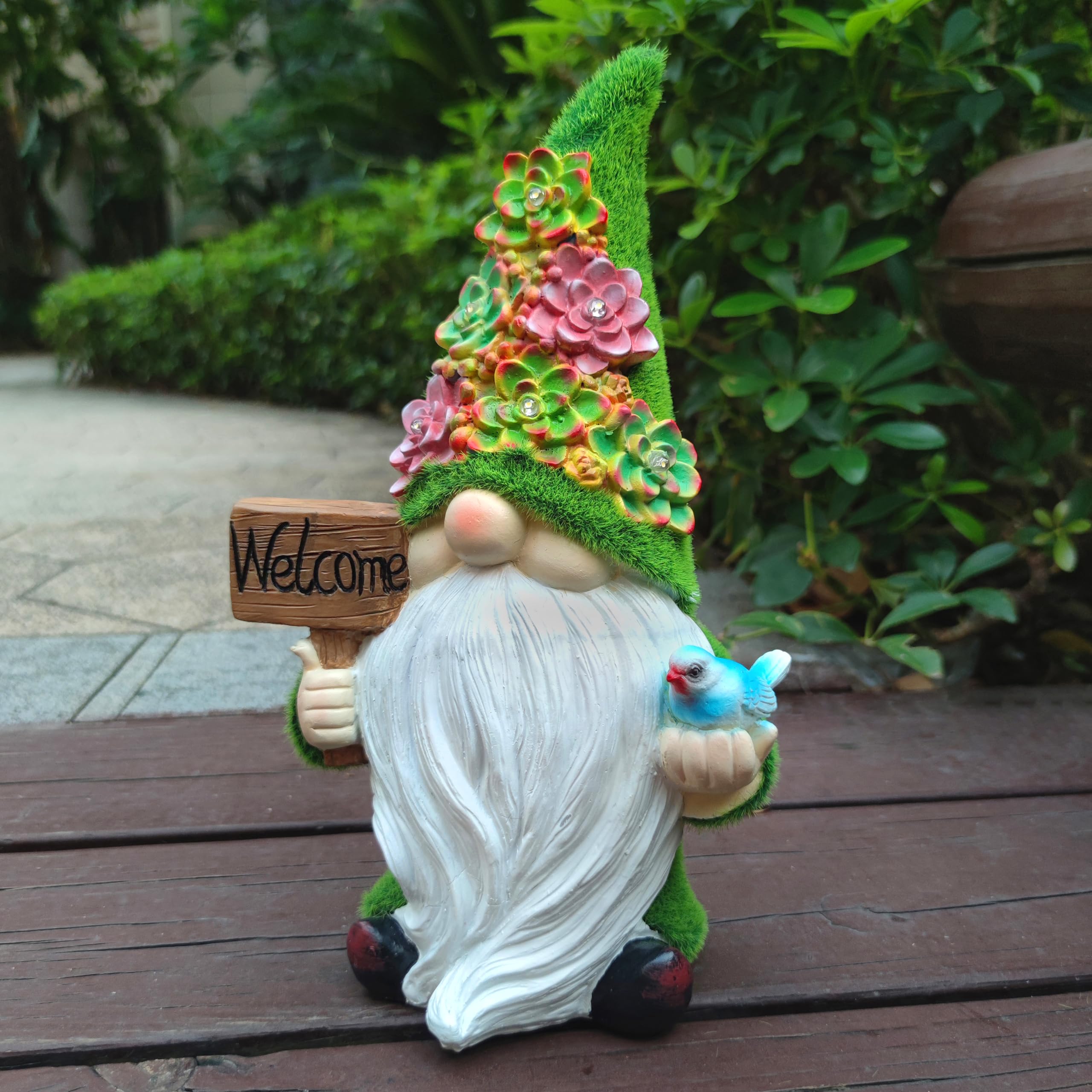 Vioyouns Solar Gnomes Garden Statues Resin Gnome Figurine Holding Welcome Card And Bird With Solar Lights  Outdoor Gnomes Decorations For Yard Patio Lawn Porch  Garden Gifts