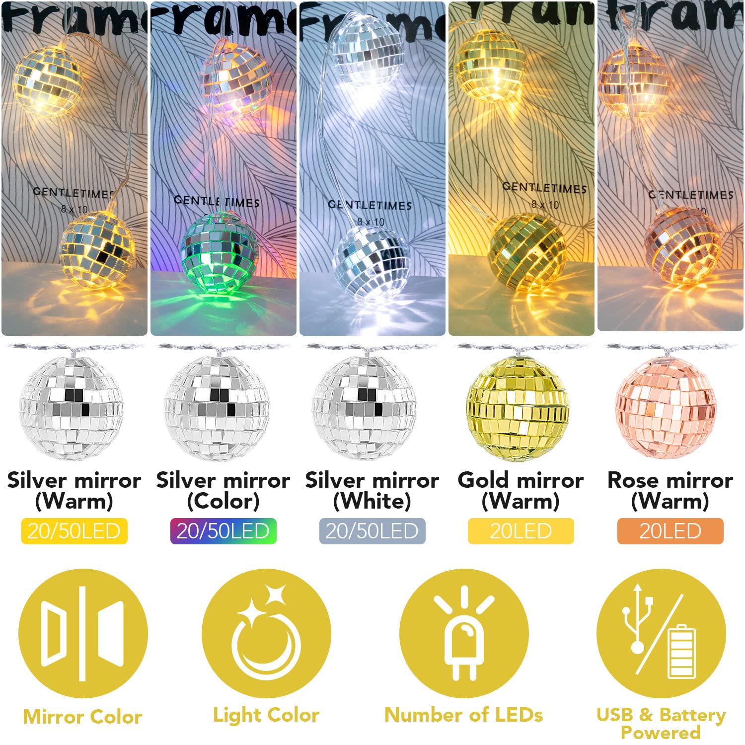 AceList Disco Ball String Lights - 20 LED, Battery Powered/USB, Gold, Model GZ-LT301BY-20-FBA, Perfect for Parties and Decorations