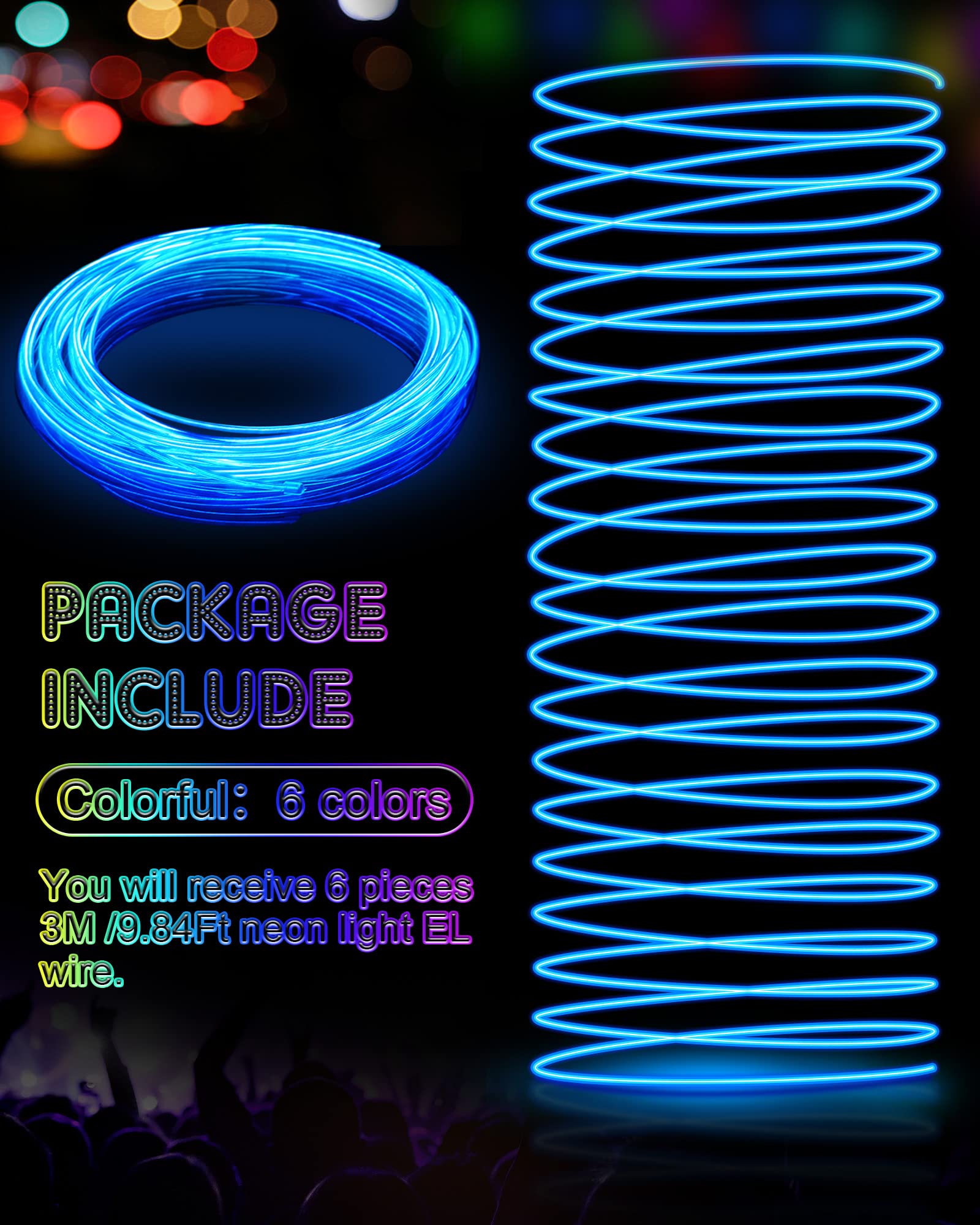 6 Pieces El Wire Portable El Wire Neon Lights Wearable Led Lights Electroluminescent Wire Battery Operated Glow Wire Neon El Wire Led Lights For Diy Costume Halloween Christmas Decorations(9.84 Feet)