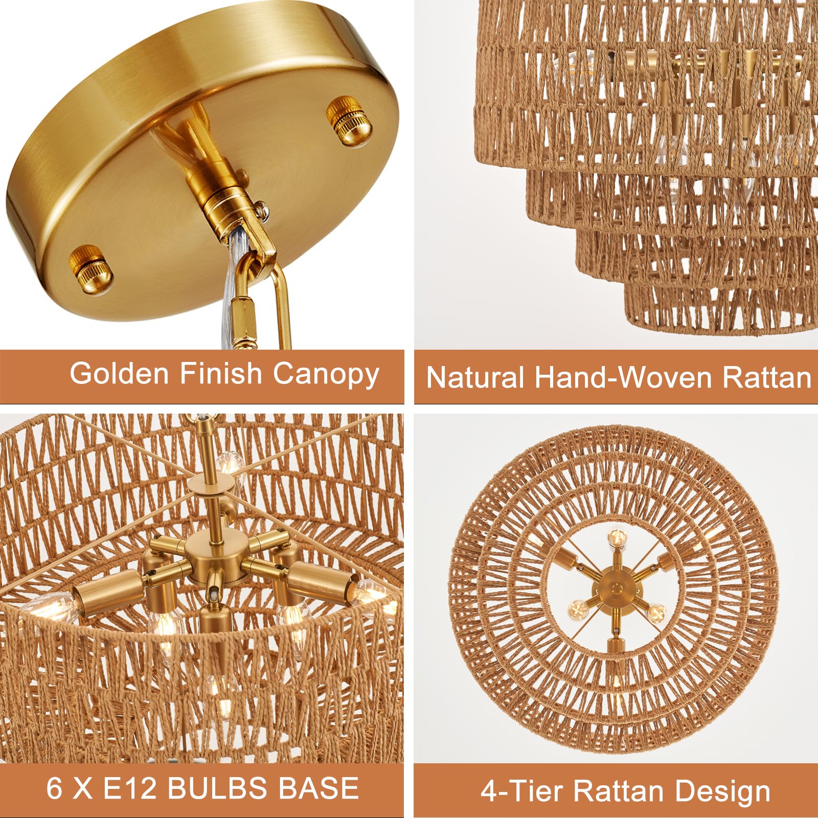 YOMECOO Boho Rattan Chandelier 6-Light Vintage Light Fixture 19.7" Gold MD208-6-V-Golden for Dining Room, Kitchen, Bedroom