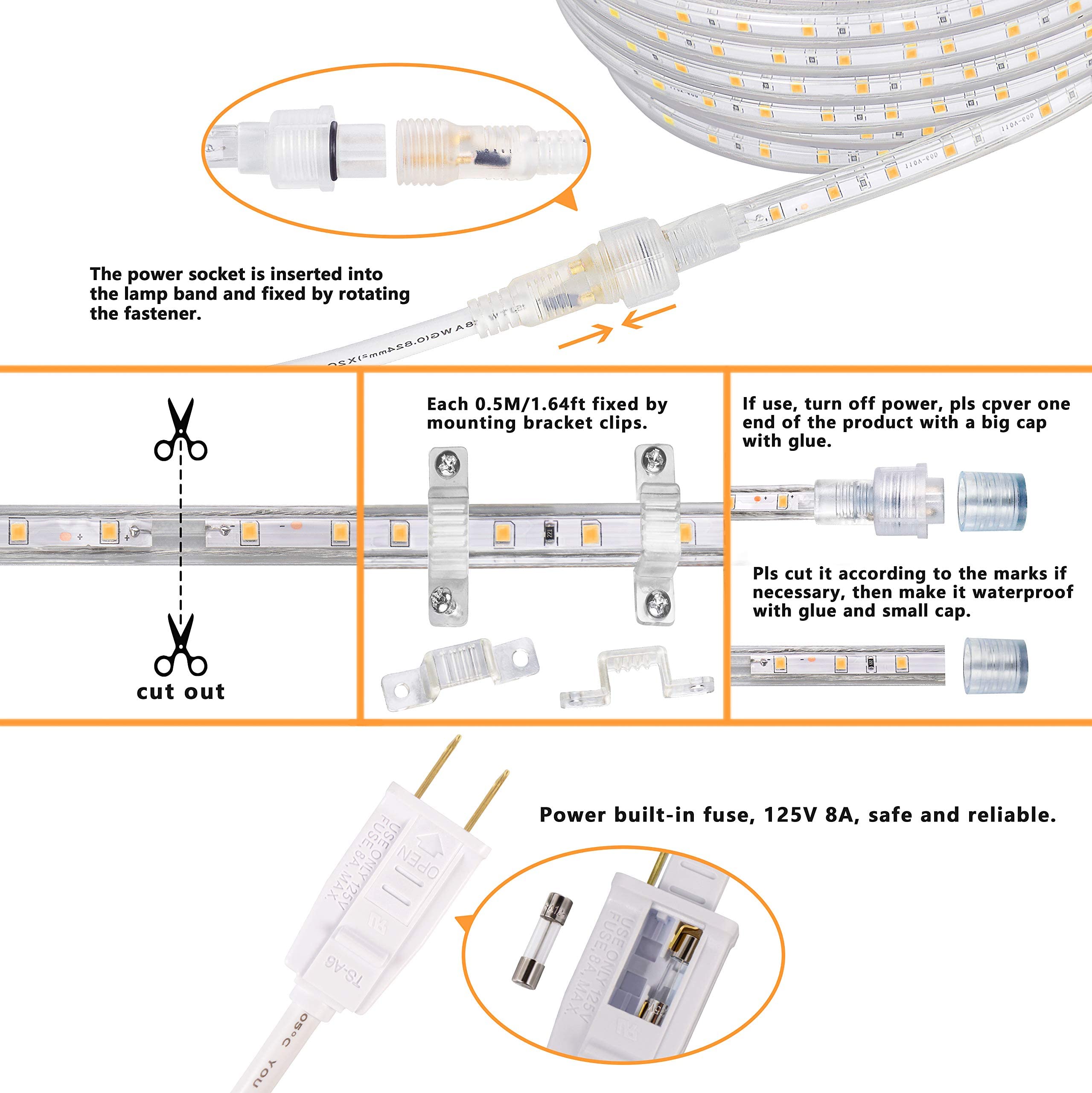 SURNIE LED Rope Lights Outdoor Waterproof 50ft Warm White Flexible 110V, Model SR11102-15-WW-NA