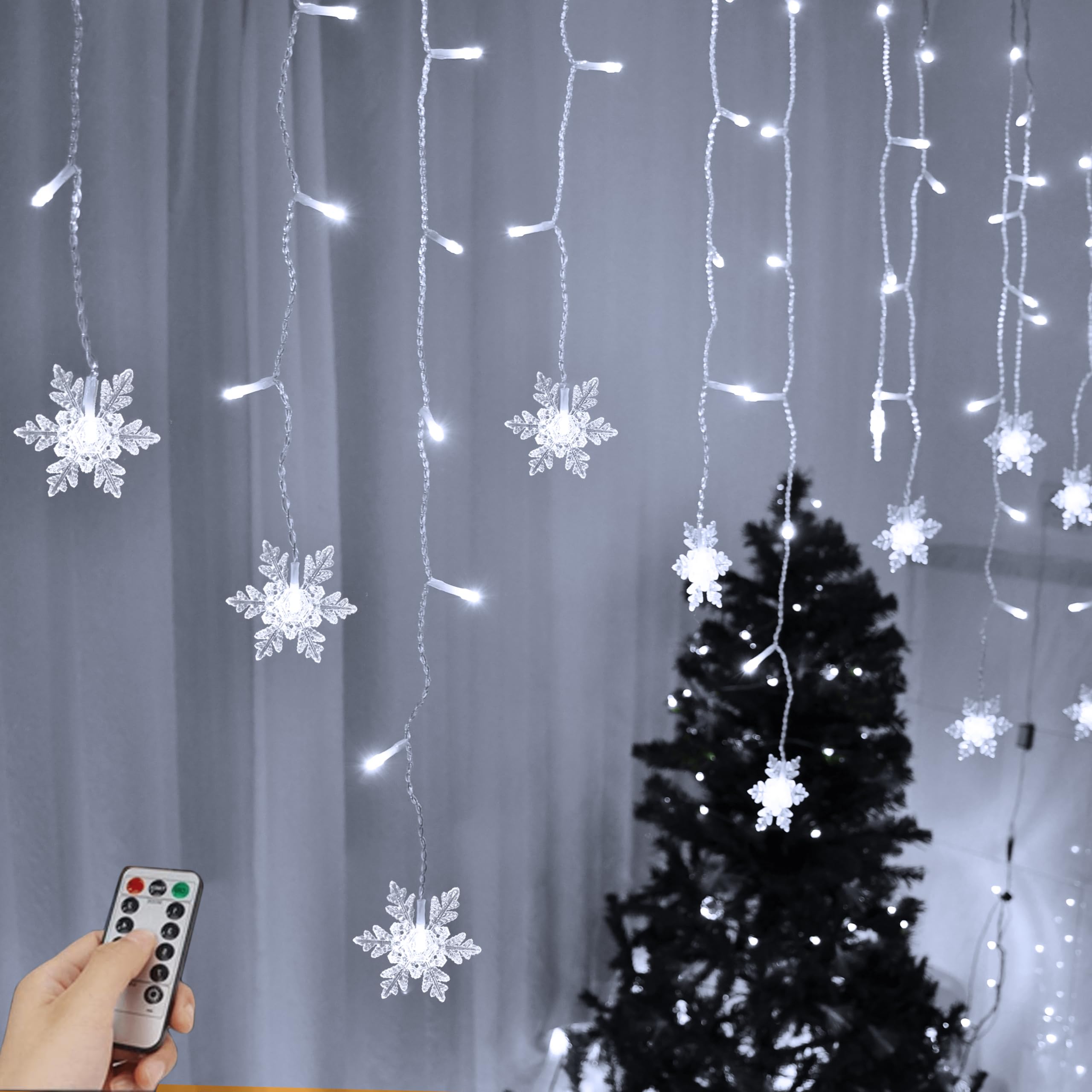 YOLIGHT Snowflake Window Curtain Lights, 13ft, 96 LED, 8 Modes, White, Model YL-CLD-XH