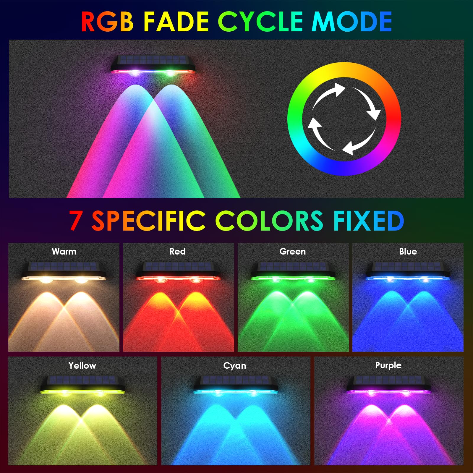 Solar Fence Lights Outdoor - Warm White & Rgb 6 Color, Dusk To Dawn Solar Deck Light, Solar Lights Outdoor Ip65 Waterproof, Solar Garden Lights For Outside/Backyard/Railing/Step/Patio/Wall (8 Pack)