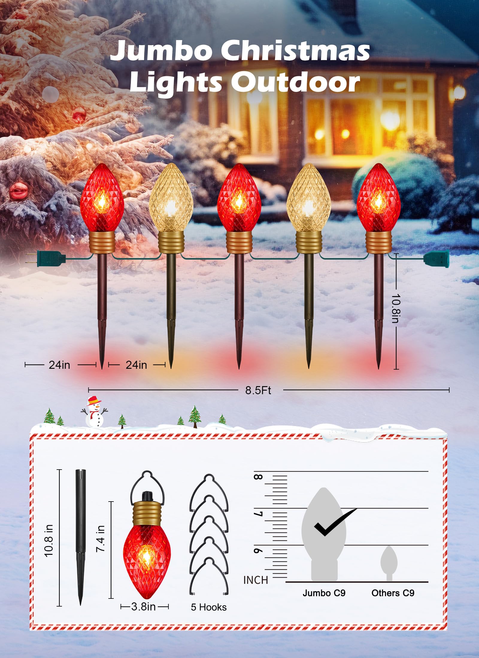 Brightown C9 Christmas Pathway Lights - 8.5ft, 5 LED Strawberry Red & Warm White Bulbs, Model GY-C-50.6-U-B1
