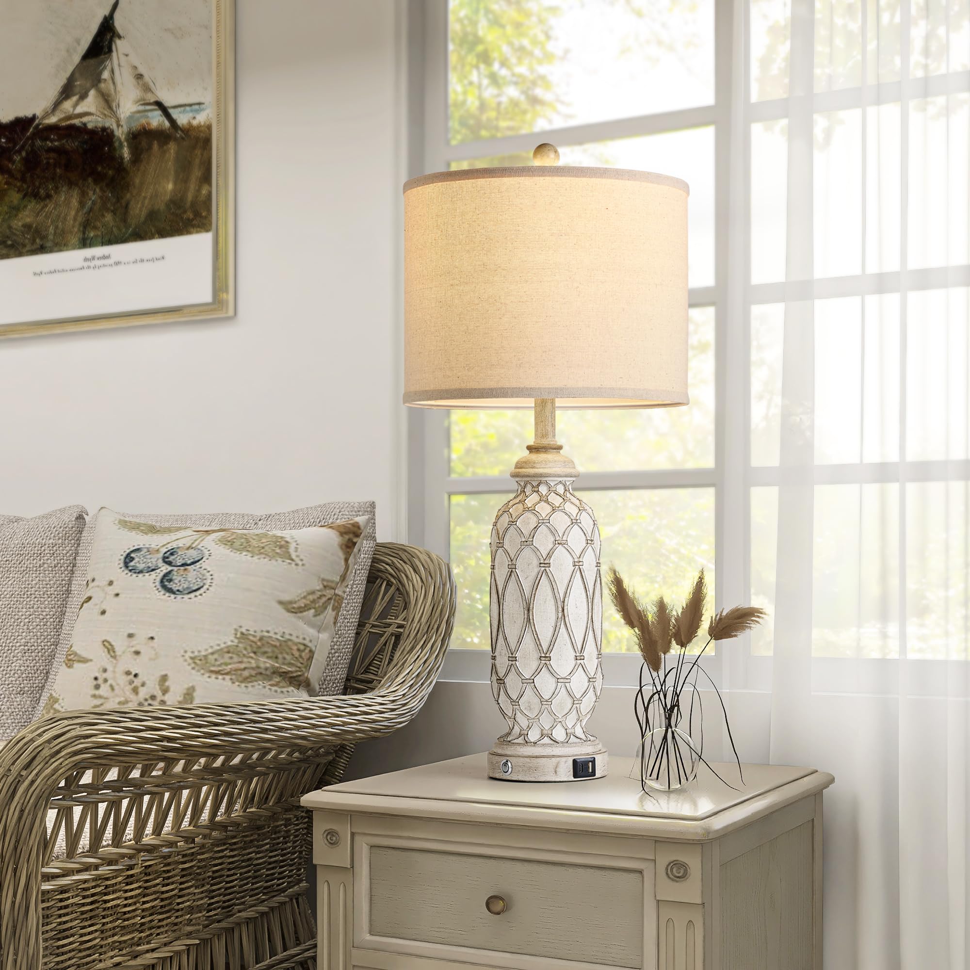 Ireliare 28'' Table Lamps For Living Room Set Of 2, Farmhouse Lamps For Bedroom With Usb A+C Charging Ports, Touch Lamps For Nig