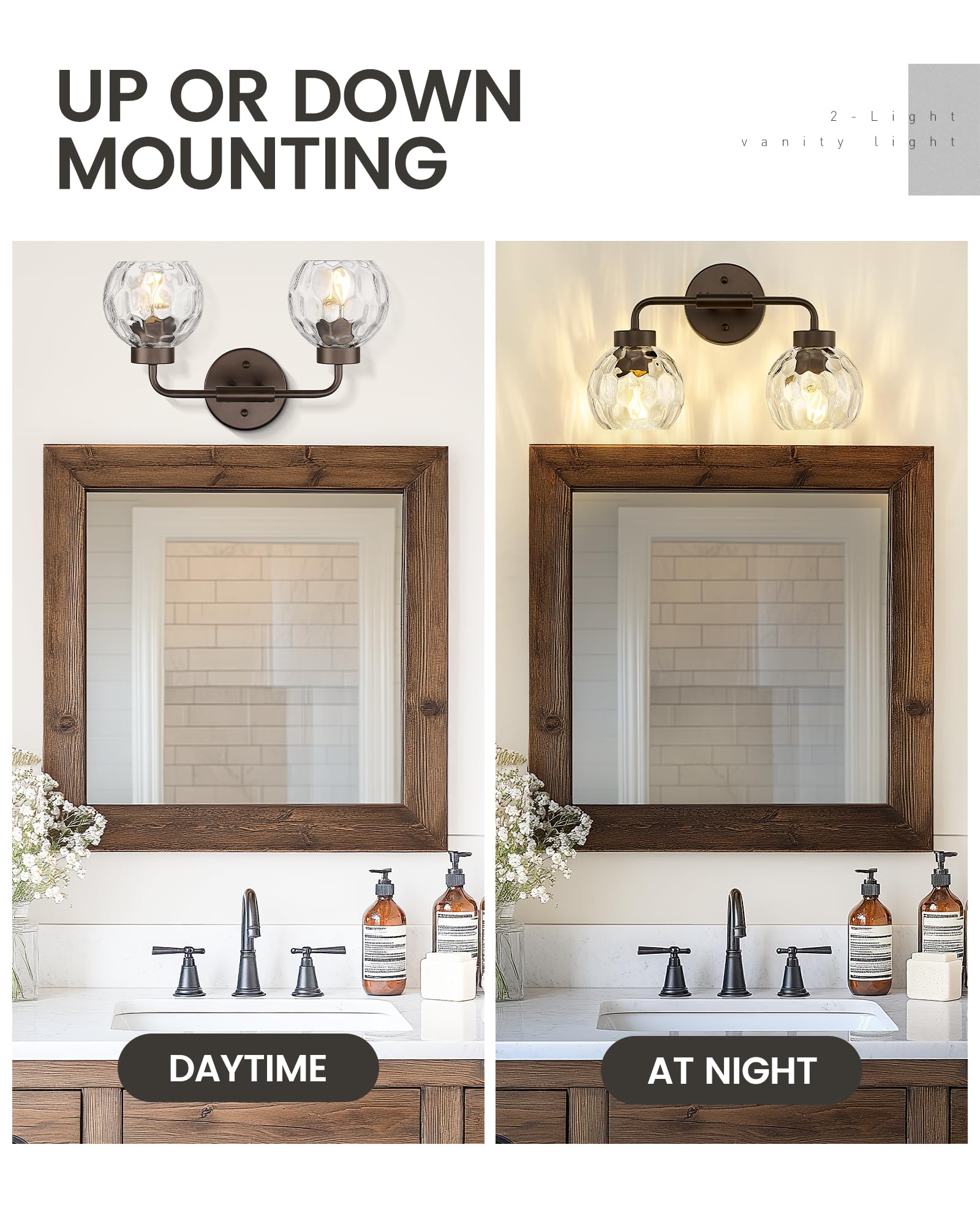 Zeyu 2-Light Bathroom Vanity Light  Farmhouse Wall Sconce Lighting With Water Ripple Globe Glass  Oil Rubbed Bronze Finish  Zs62Bg-2W Orb-Wg