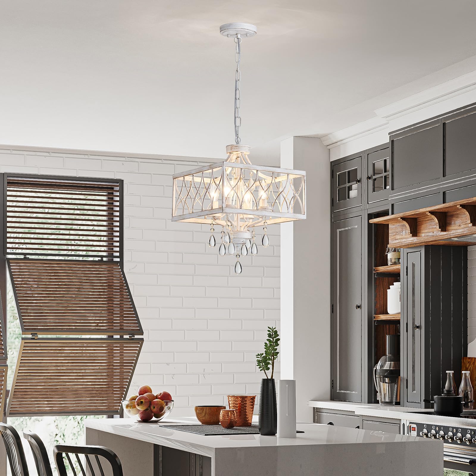 Farmhouse Crystal Chandelier White Modern K9 Crystal Ceiling Chandelier Lighting Fixture  Hanging Pendant Light Fixture  Kitchen Island Lighting For Dining Room Living Room Entryway Bedroom Hallway
