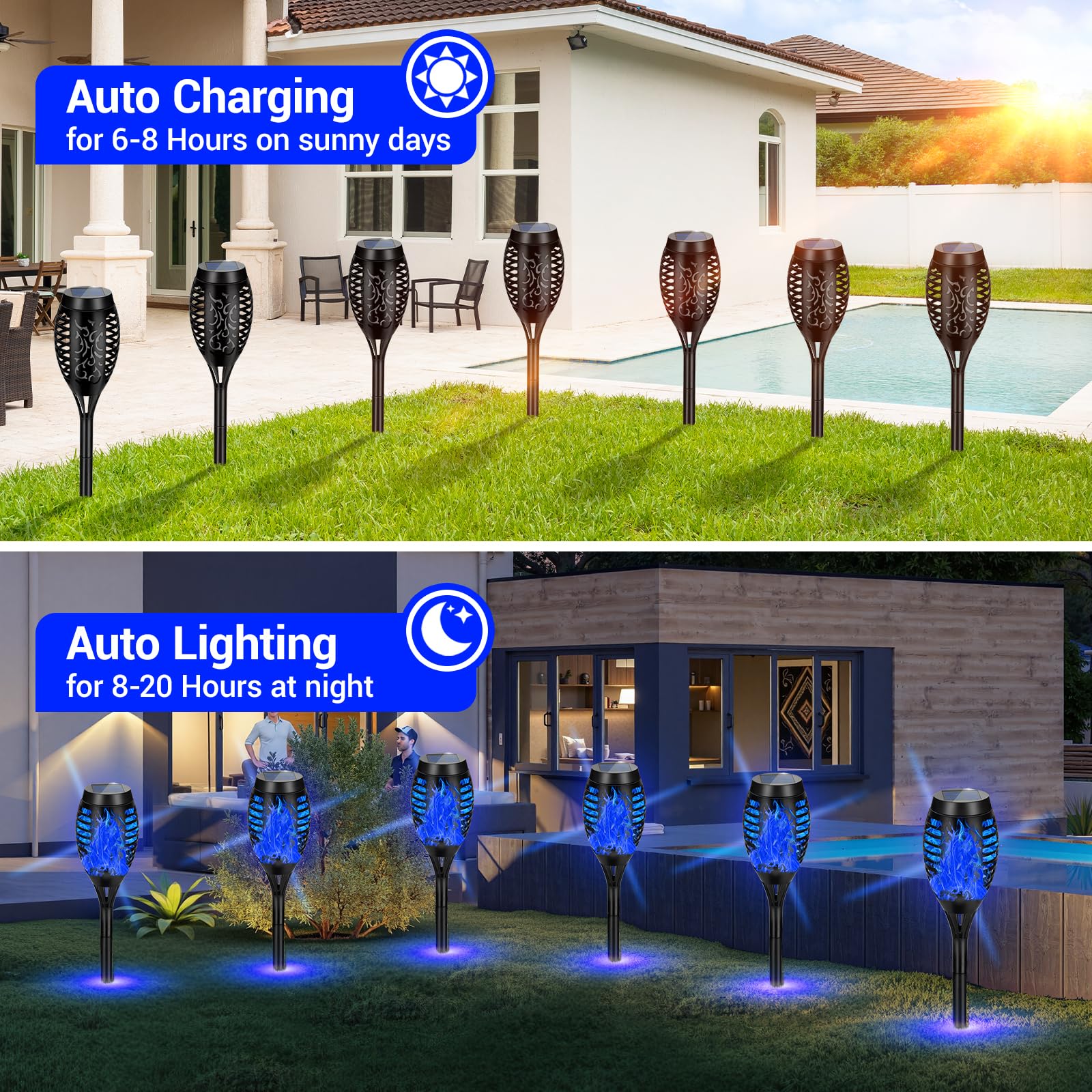 AOUNQ Solar Torch Lights, 16 Pack Blue Waterproof Outdoor Flickering Flame Decor, Plastic, Model 736961377713