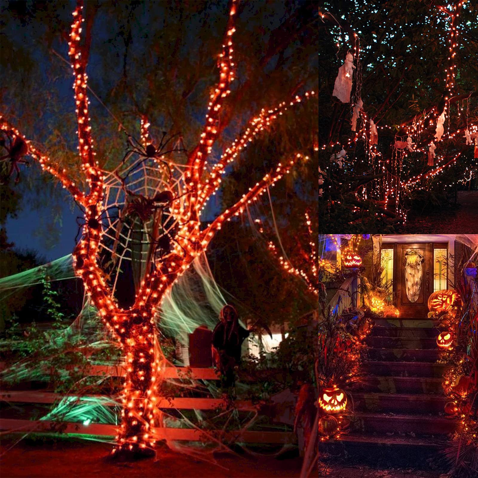 Gnixling Orange Halloween Lights, 2 Pack Each 105Ft 300Led Solar Halloween Decorations Outdoor, 8 Modes Solar Halloween Lights For Halloween Decorations (Orange)