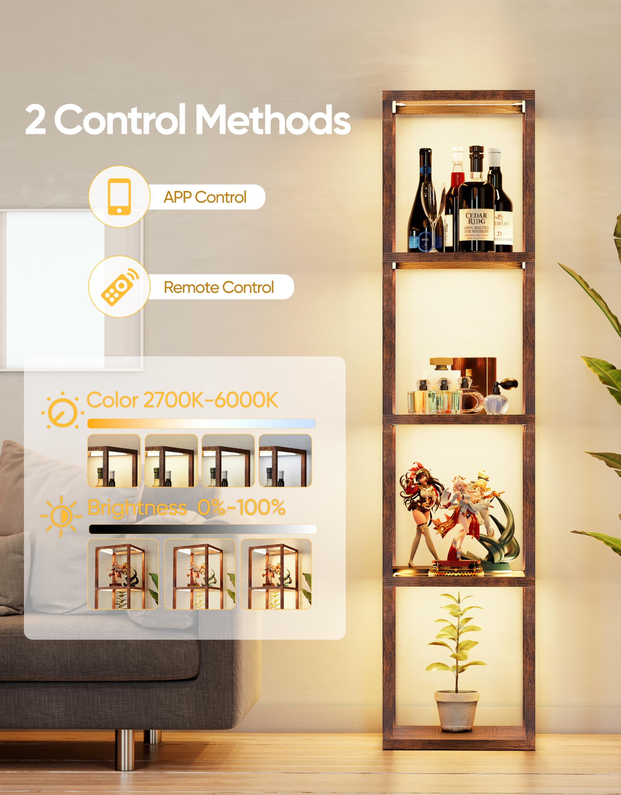 Partphoner Floor Lamp Glass Display Shelf With Remote/App Control, Dimmable Led Floor Lamp With Shelves, Open Display Cabinet, C