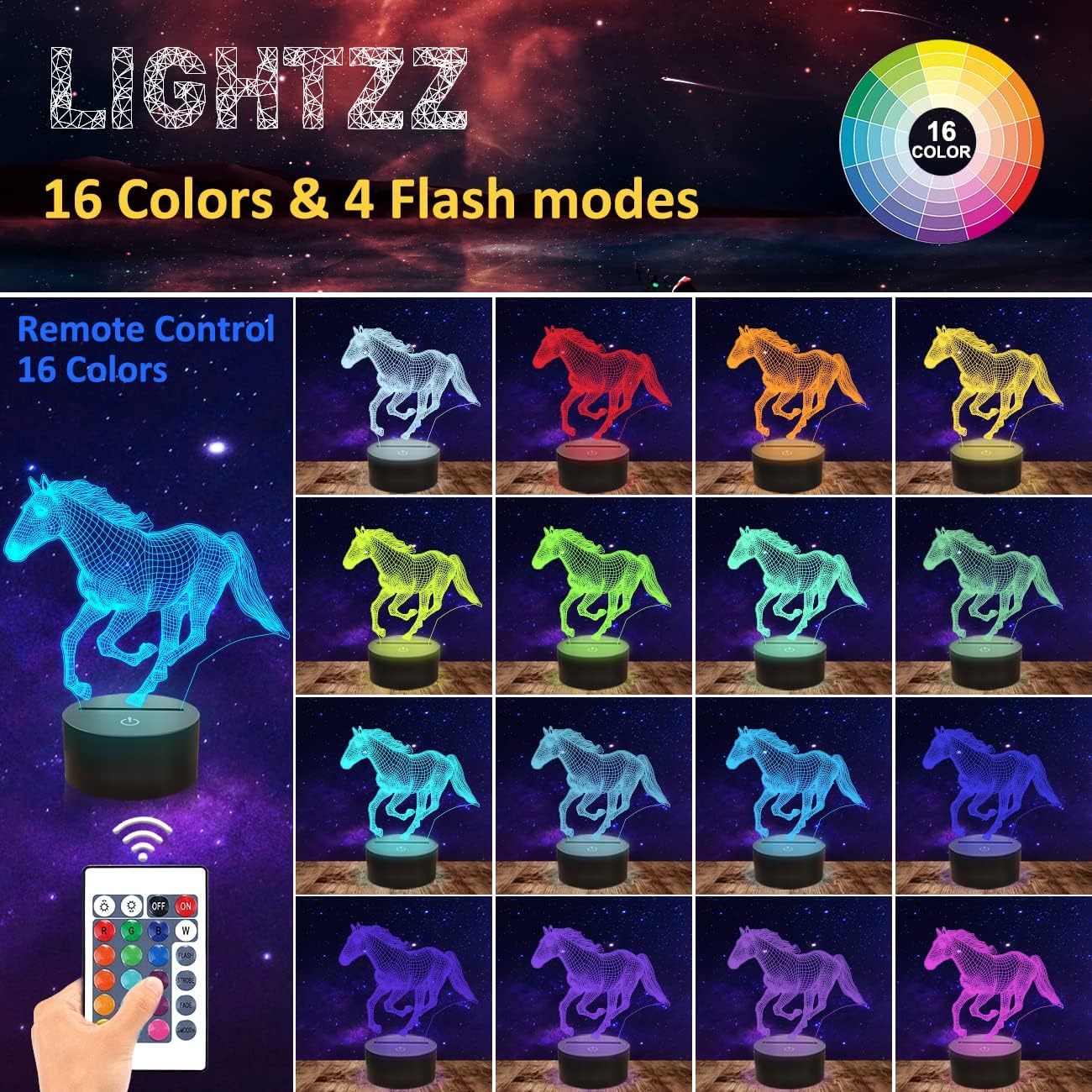 Lightzz Horse Night Light - Remote Control, 16 Colors, Acrylic Lamp for Kids Room, Holiday Gifts, Model FS-XMX001-9999