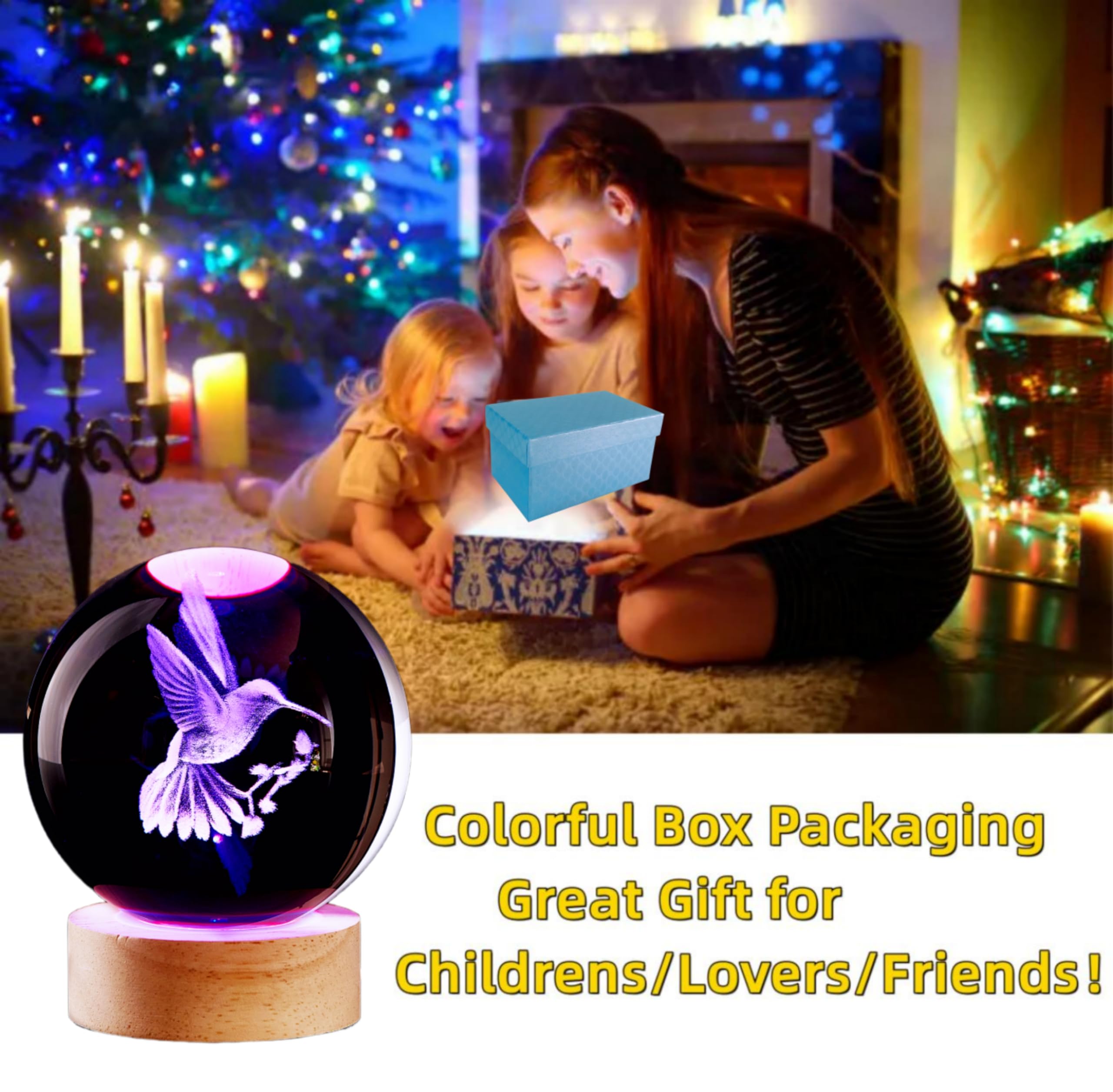 3D Hummingbird Crystal Ball Lamp,Lifelike 3D Led Bird Night Light,16 Colors Changing Light,Dimmable Remote Control,Desk Hummingb