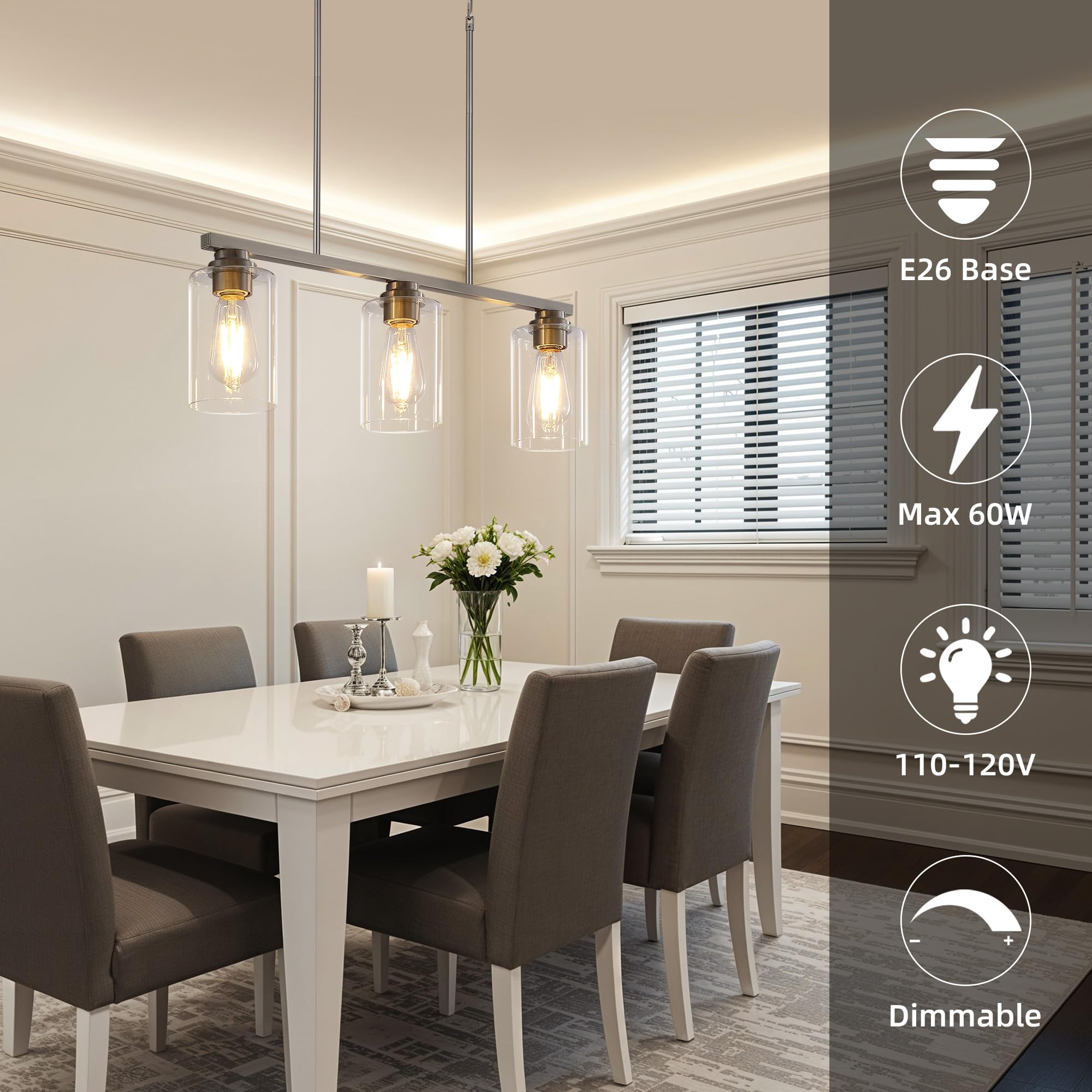 Mecgirn Island Light For Kitchen  Brushed Nickel Dining Room Light Fixture Over Table  3-Light Linear Chandelier Pendant Lighting For Dining Table Kitchen Island Living Room