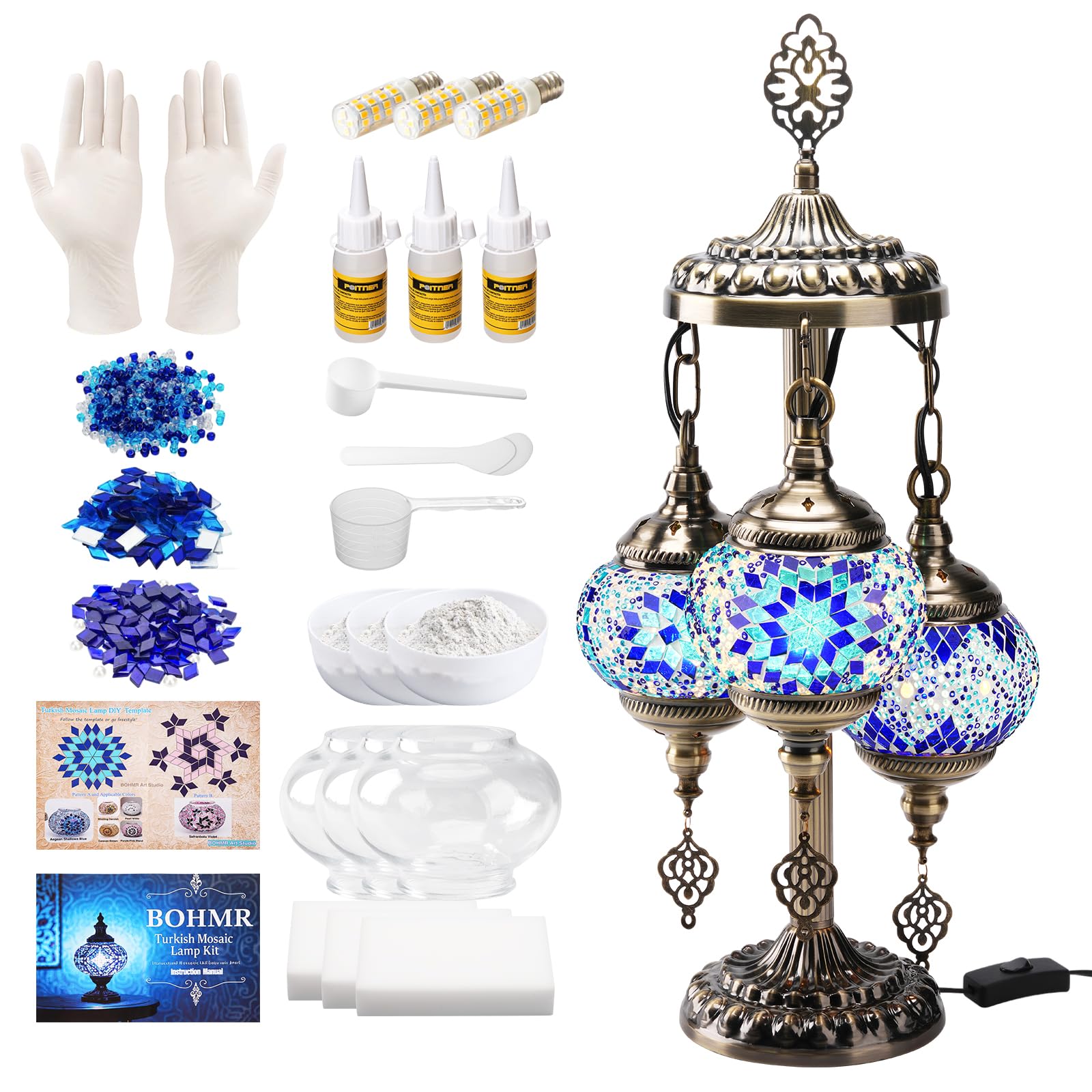 BOHMR DIY 3 Globe Turkish Mosaic Lamp Kit  23 H Stained Glass Table Lamp Making Kit-Easy & Fun  No Experience Needed  Mosaic Art & Craft Project Kits for For Mature Userss & Teens  Make Your Own Lamp Blue