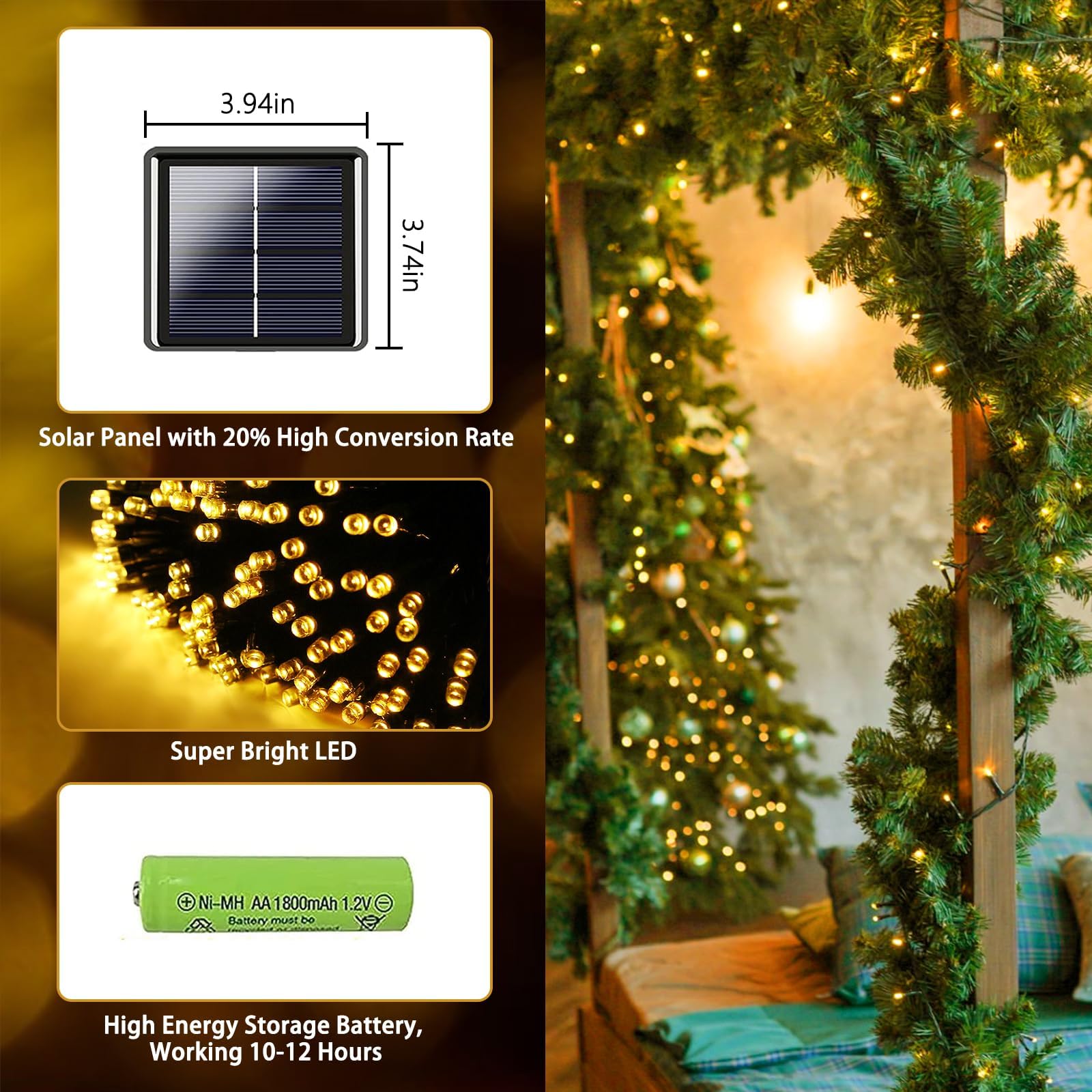 Albelt 4 Pack Solar Christmas Lights, 480 LED, 170 FT, Warm White, 8 Modes, Waterproof String Lights for Outdoor Decorations